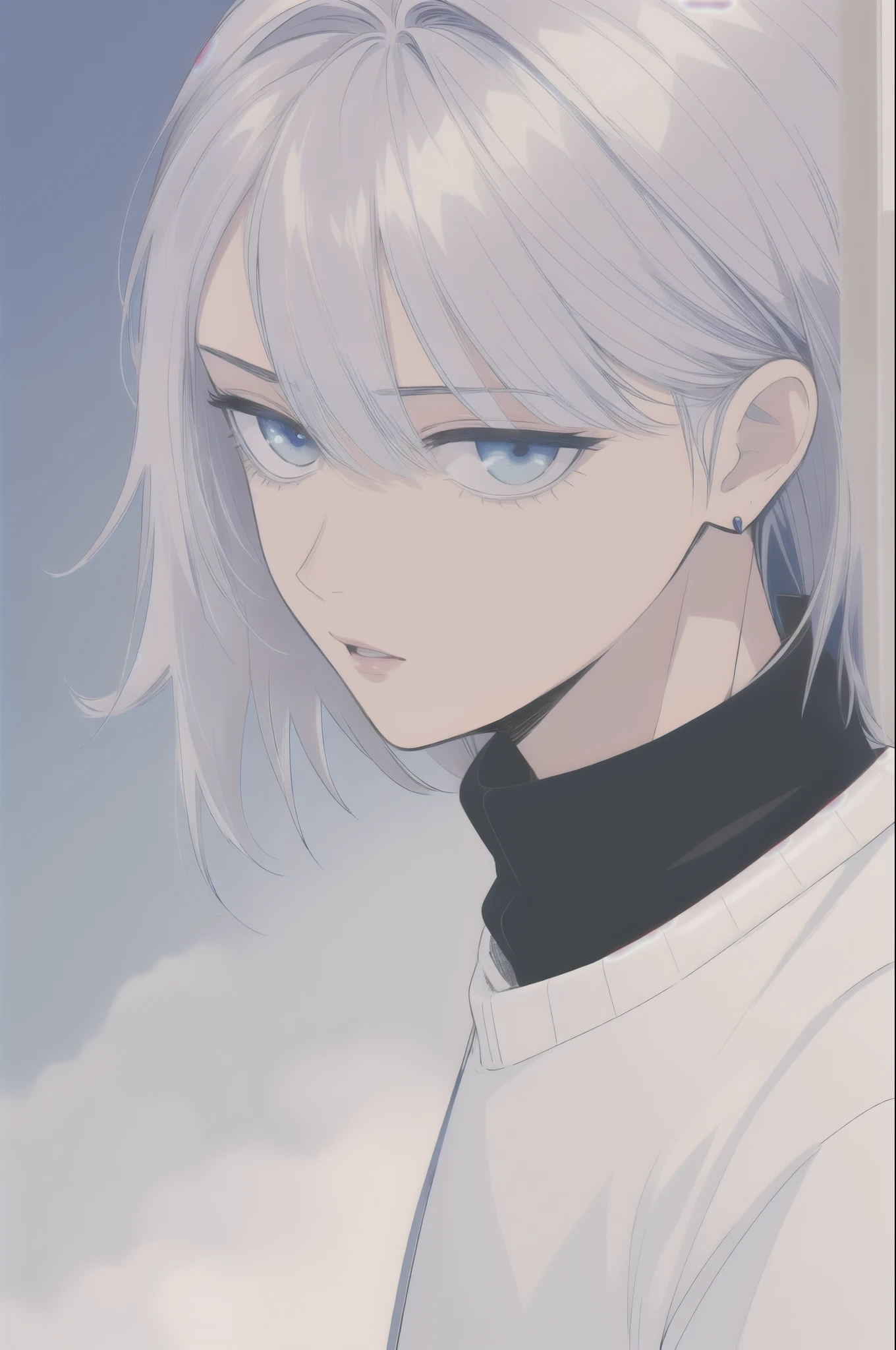 Boy, silver hair, blue eyes, sharp, serious features, white skin, black sweater