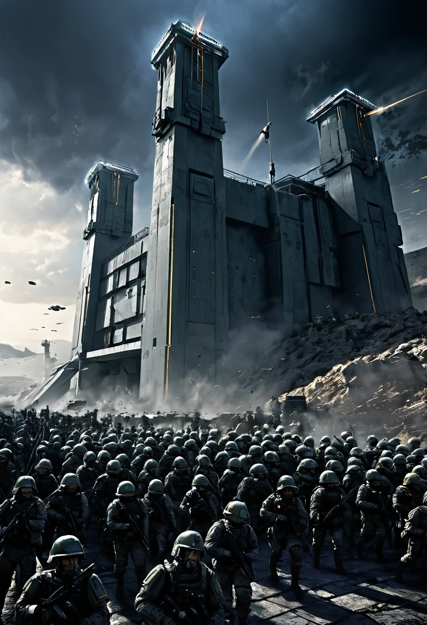 Last bastion of defense of humanity, Powerful fortress, High-tech defense systems, strong, Resilient walls, impenetrable barrier, Vigilant guards, Advanced weaponry, Elite Soldiers, On High Alert, Ready to fight, Anxious faces, Command center, activity bustling, Emergency alarms blaring, Men and women in uniform, Dressed in tactical gear, Laser Cannons, High-powered rifles, Spotlights scanning the horizon, futuristic tech, Impressive architecture, Monumental structure, Imposing walls, Steel & Concrete, Energy Shields,Force fields protecting the entrance,Security checkpoints,humans gathered,Fighting a Common Enemy,determined,United Front,Determined Leaders,Strategic Planning,Countermeasures,Calculation of quotas,Defeating the darkness,blood, sweat, and tears,Sacrifices made for the common good,Remnants of battles fought,Damaged walls,Wounded soldiers,Resilient spirit,Ray of hope,Recite to Survive,banner fluttering in the wind,Celebrations of victory,Cheers of triumph,Pride in the defense of humanity, Ultimate symbol of strength and perseverance.