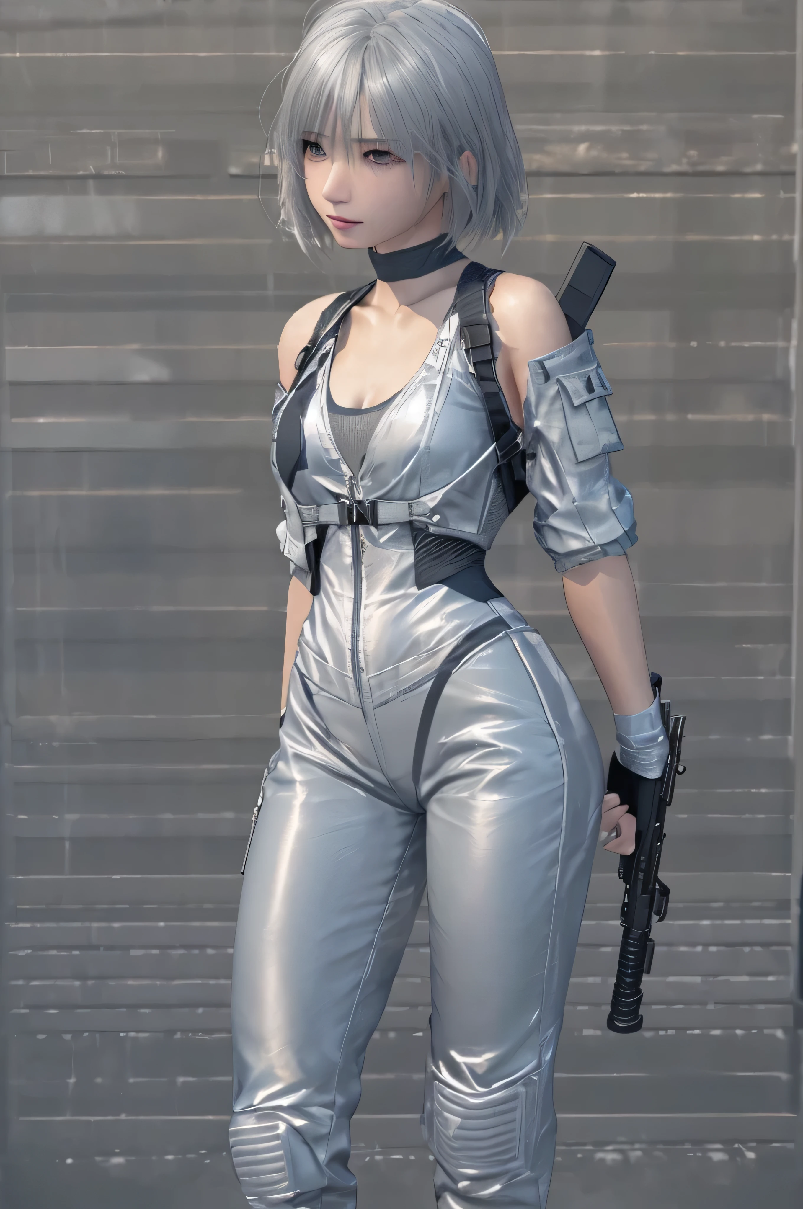 (RAW quality:1.4), 3D, Realistic, highest quality:1.3, High resolution, 1 female, , alone, sexy, Big Breasts, Hip Up, Beautiful Blue Eyes, (Realistic Face), (boyish, Silver color very short hair), Tight light grey military bodysuit, Assault rifle, jewelry, Portraiture, (Assault rifleを持つ:1.4), Blurred Background, Shallow subject depth,
