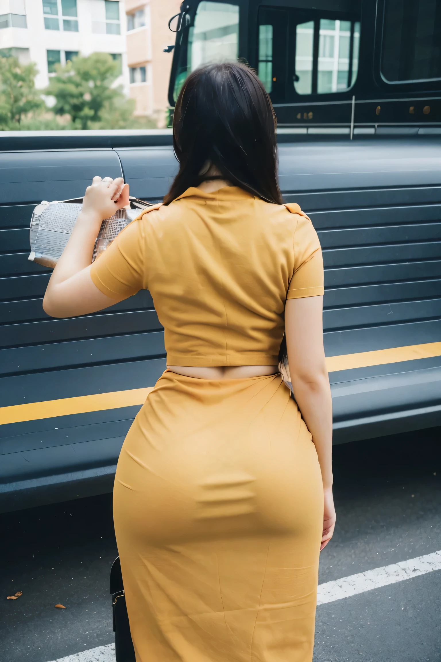 araffe woman is sittingding on a bus platform with a bag in her hand, uhd candid photo of dirty, candid shot, photo still of behind view, candid picture, candid photo, candid,sitting, candid photograph, picture from behind, photo from behind,sitting, photo taken from behind, shot from the back,sitting, wearing honey - themed miniskirt, bottom shot,widest hips,thick thigs,tight skirt wrapped around her hips,widest hips.acmm outfit,widest buttock,buttock emphasized.