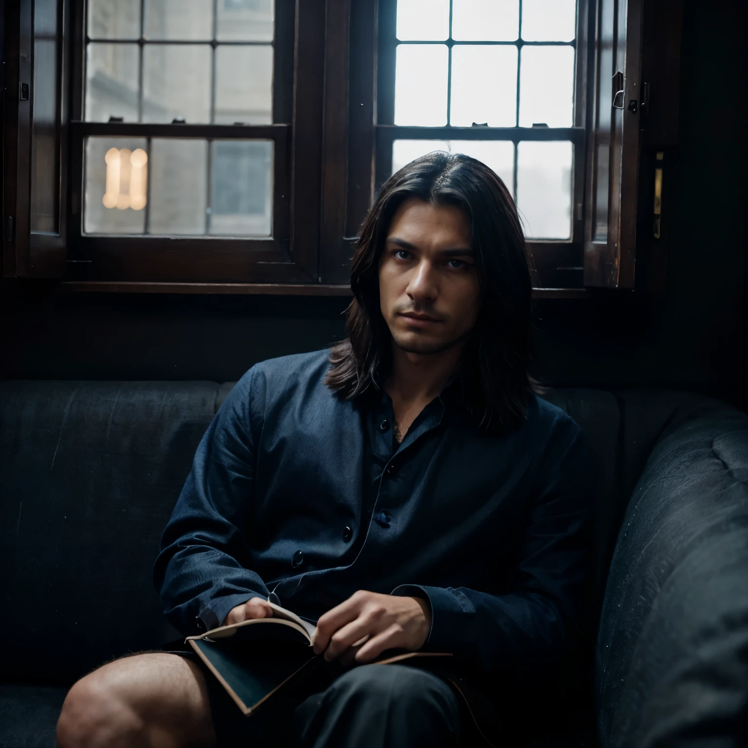 mysterious crow headed man that writes on a leather notebook, wearing a blue formal attire, has blue eyes and soft plumes, handsome, dark, fearsome, stern and straight forward, magical, immortal, mystical, wise, modern, sitting down on a fancy couch, dark room, faint light from a window sill in an antique but fancy room,