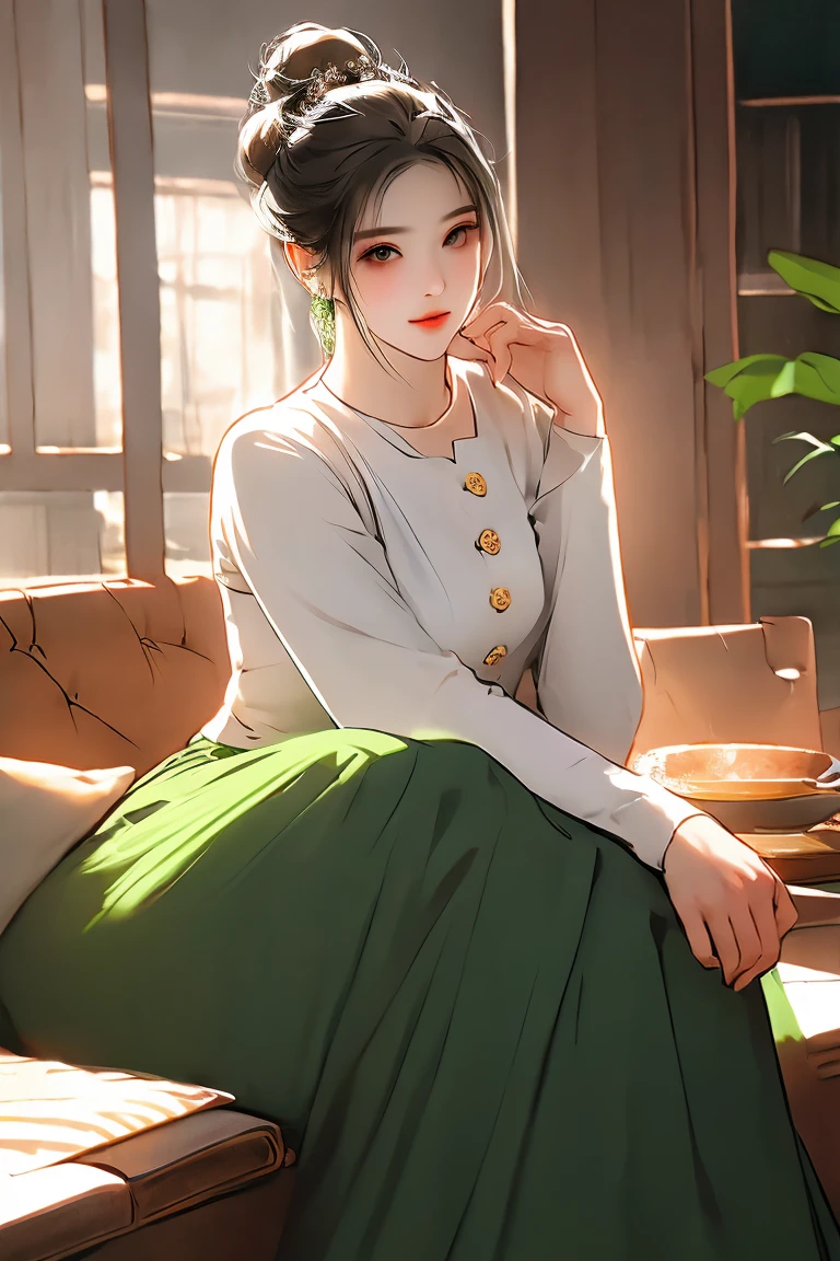 Portrait of a stunning young woman with a stylish hair bun, captivating gaze, and a warm atmosphere of a cozy coffee shop, realistic shading, fine details, exquisite lighting, digital painting, (wearing acmmsayarma outfit, acmmsayarma white top with buttons, long sleeves), ((acmmsayarma green long skirt))