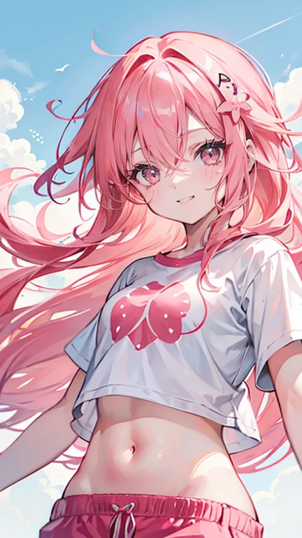 Coral pink hair，Long hair，hair over one eye，Gray eyes，feather hair ornament，cute，Girl，Laughing expression，，Happy and happy expression，White short sleeve，shorts，Suspended in the sky，whole body，Don't show your arms，The background is the atmosphere