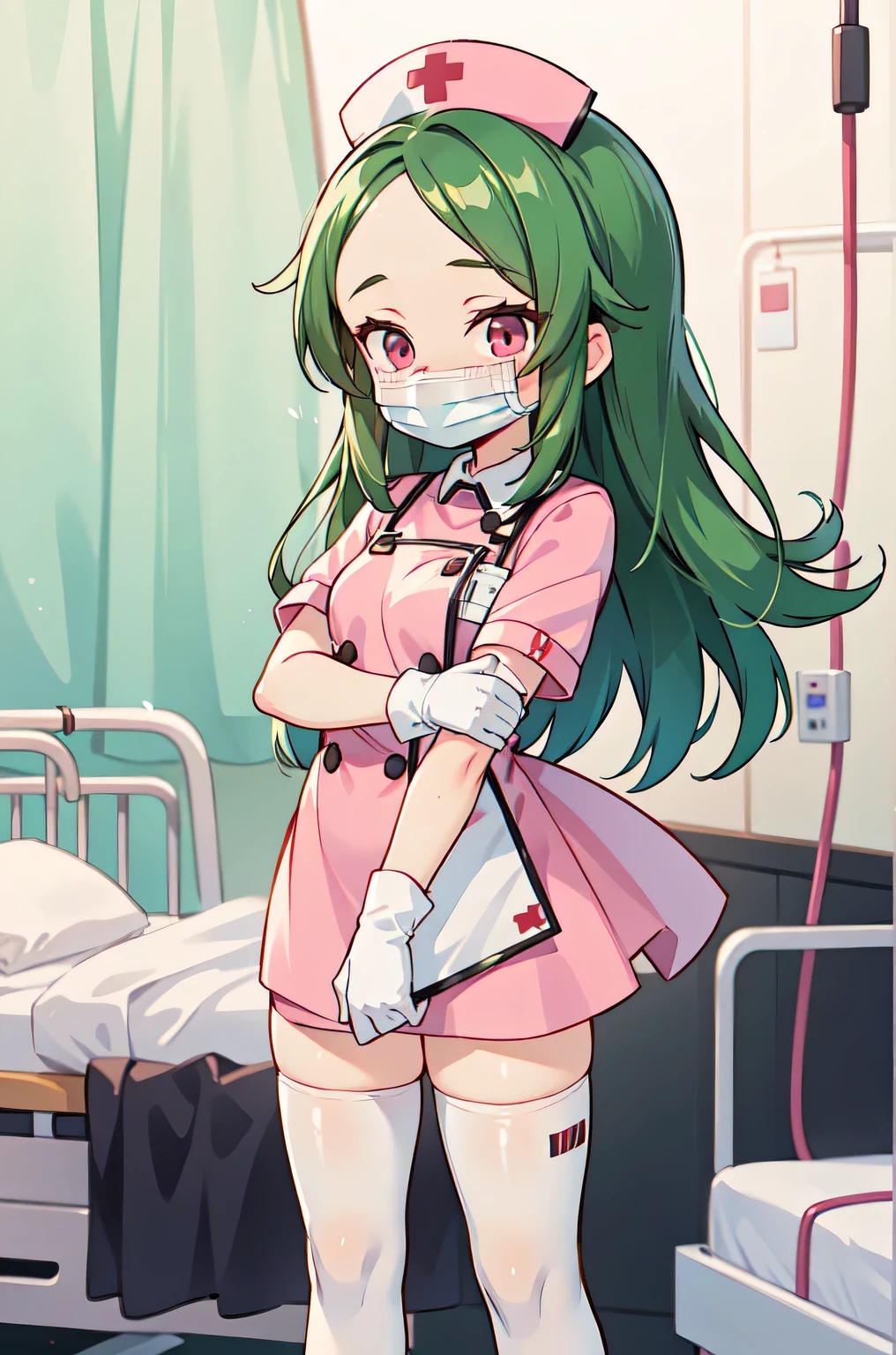 1woman, solo, nurse, white nurse cap, white nurse uniform, ((white legwear, zettai ryouiki)), white gloves, forehead, long hair, green hair, pink eyes, ((white surgical mask, covered nose)), standing, ((hospital room)), sharp outline, short sleeves, mature female, 35 years old, best quality, masterpiece