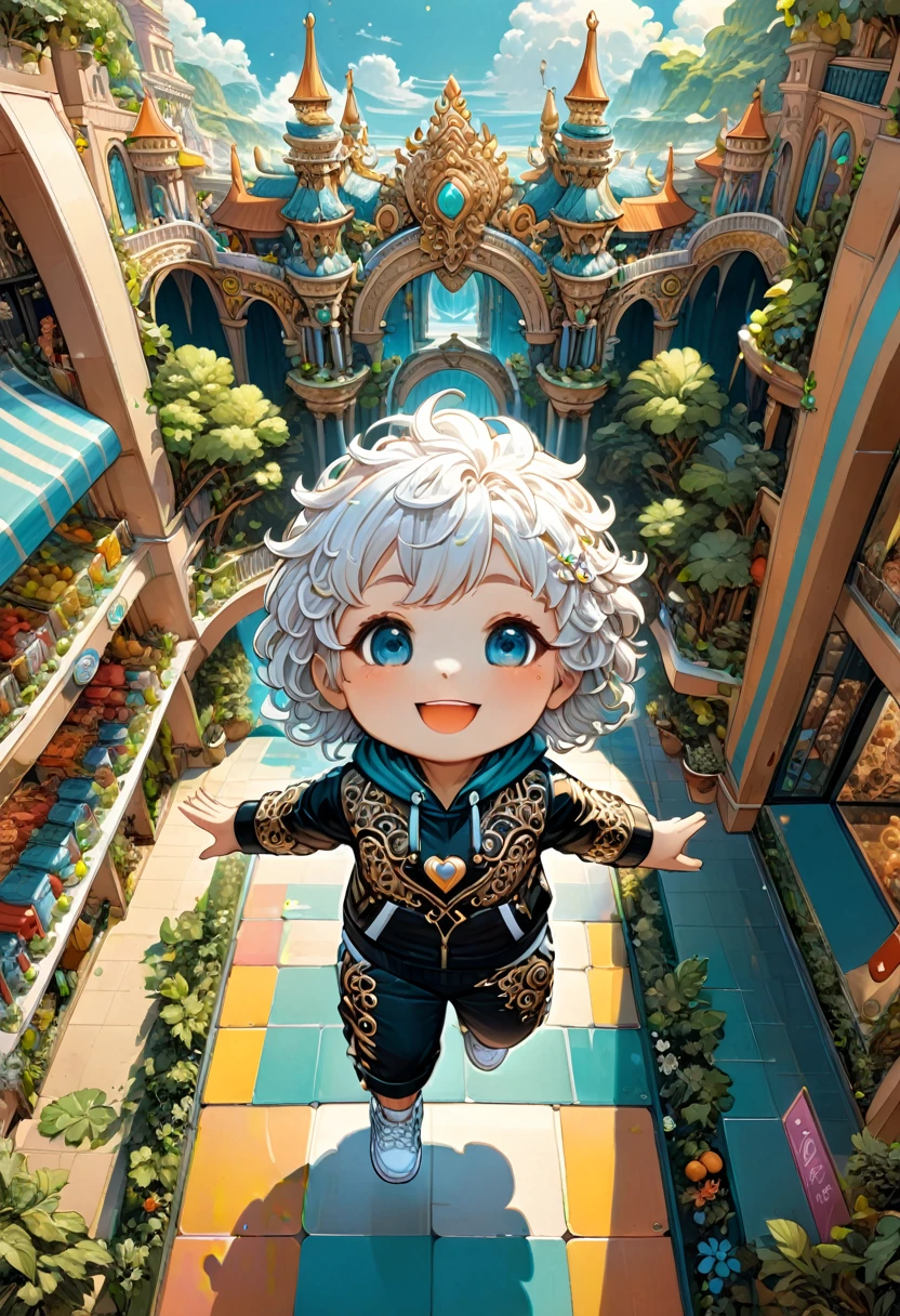(chibi), a cute little Bichon Frise (anthropomorphic) wearing stylish clothes and hat, athleisure pants,white shoes, runing in a shopping mall, facing the camera and smiling, Happy bouncing,outstretched arms, hyperdetailed intricately detailed, fantastical, intricate detail, complementary colours, fantasy, concept art, (masterpiece, best quality, Professional, perfect composition, very aesthetic, absurdres, ultra-detailed, intricate details:1.3)