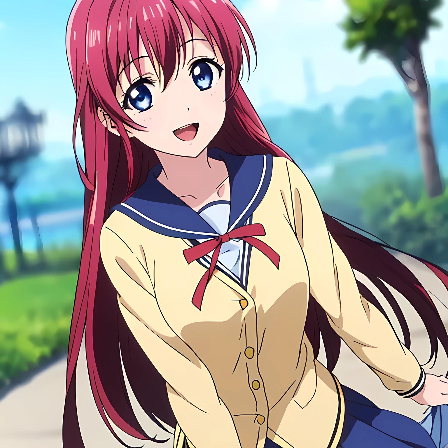 highest quality, (masterpiece:1.2), Very detailed, Game CG, ((((Very beautiful school uniform１Close-up shot of a girl)))), ((The girl everyone loves)), (((Very beautiful pink hair))), (((Yellow sailor suit))), ((Dark navy blue checked long skirt)), ((((Very beautiful and shining eyes)))), ((Very long eyelashes)), A big red ribbon on the chest, ((An elegant expression like a noble princess)), (((Beautiful and great smile))), Small face and great posture, ((Give the viewer a heavenly feeling of happiness)), (((Blur the background))), ((Very intelligent face)), ((Anime heroine smiling and open mouth)), ((I really want to kiss you))