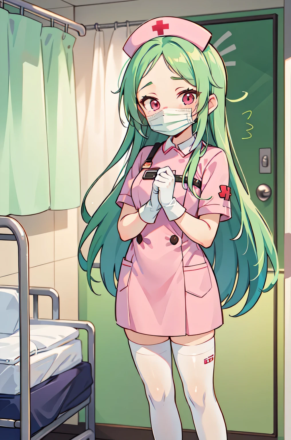 1woman, solo, nurse, white nurse cap, white nurse uniform, ((white legwear, zettai ryouiki)), white gloves, forehead, long hair, green hair, pink eyes, ((white surgical mask, covered nose)), standing, ((hospital room)), sharp outline, short sleeves, mature female, 35 years old, best quality, masterpiece