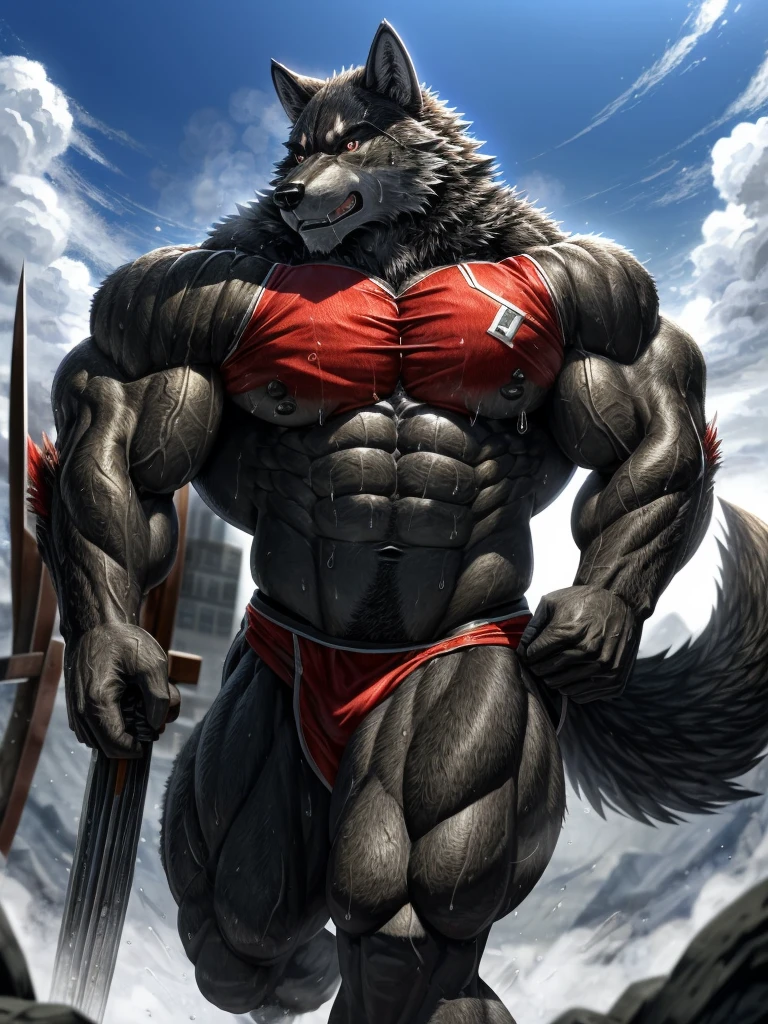 (highest quality:1.2), (masterpiece:1.2), Super detailed , 毛むくじゃらの雄のBlack wolf, Black wolf, great physique,Powerful Weapons, manly, Bodybuilder with muscles running all over his body ,((Pure sweat permeates the wolf&#39;s entire body.&#39;Muscular body.)), (Excessive sweating:1.5), ((Sweating all over the body)) , Looking up at the sky, (((boxer briefs))) , fine grain, (Super detailed eyes:1.4), black sclera, Yellow Iris,null-ghostより, (Poolside:1.5), The background is the coast, end:night、Starry Sky,Raise your arms,