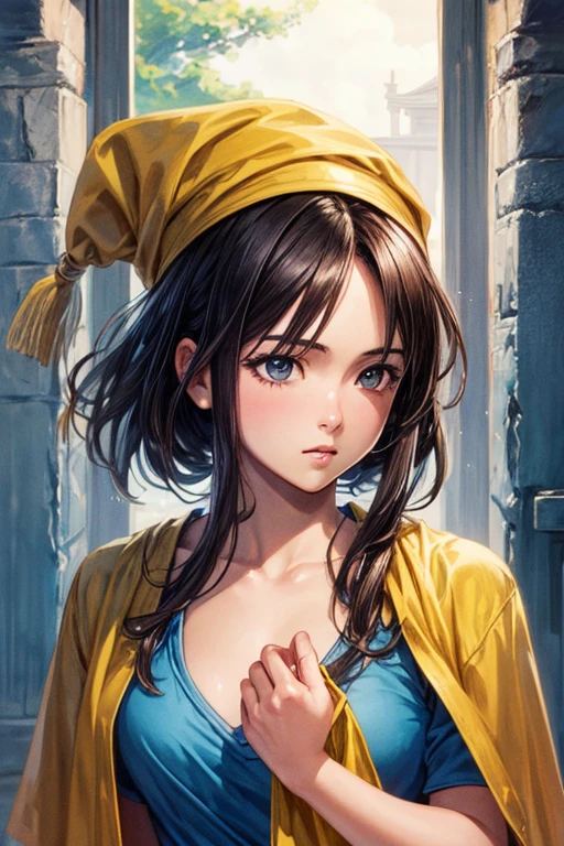 Browsing Caution, (Best image quality,highest quality,Highest Resolution, Ultra-Realistic Images,Very detailed,masterpiece),One Girl,Dragon Quest: Dai's Adventure,((Sticky in the morning)),((Clothes stick to each other due to sweat)),Big Breasts,Beautiful Eyes,Tight waist,Outdoor,forest,smile,First,pink medium hair,Blue scarf,Circlet,Short dress,Pink Tabard,Black sleeves,belt,gloves,boots,Dynamic pose,Browsing Caution,