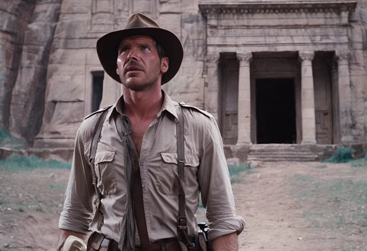 Indianajones Person surprised inside a temple. old temple  background, Sideshow, eerie moody, iconic hat, film grain movie scene.