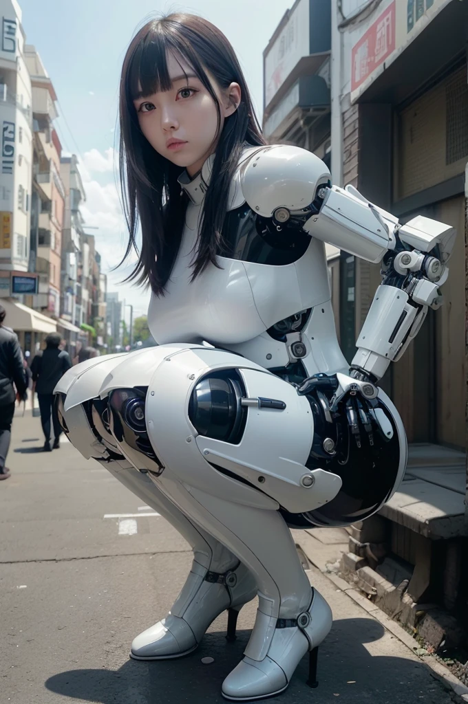 masterpiece, best quality, extremely detailed, Japanese android woman,Plump,control panels,Squat,android,droid,Mechanical Hand,Robot arms and legs, Black Robot Parts,black hair, white knee high socks,black sponge joints,blunt bangs,white robot body,ceramic body,long boots,perfect cyborg girl,on the street,blue eyes