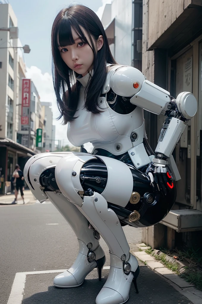 masterpiece, best quality, extremely detailed, Japanese android woman,Plump,control panels,Squat,android,droid,Mechanical Hand,Robot arms and legs, Black Robot Parts,black hair, white knee high socks,black sponge joints,blunt bangs,white robot body,ceramic body,long boots,perfect cyborg girl,on the street,blue eyes