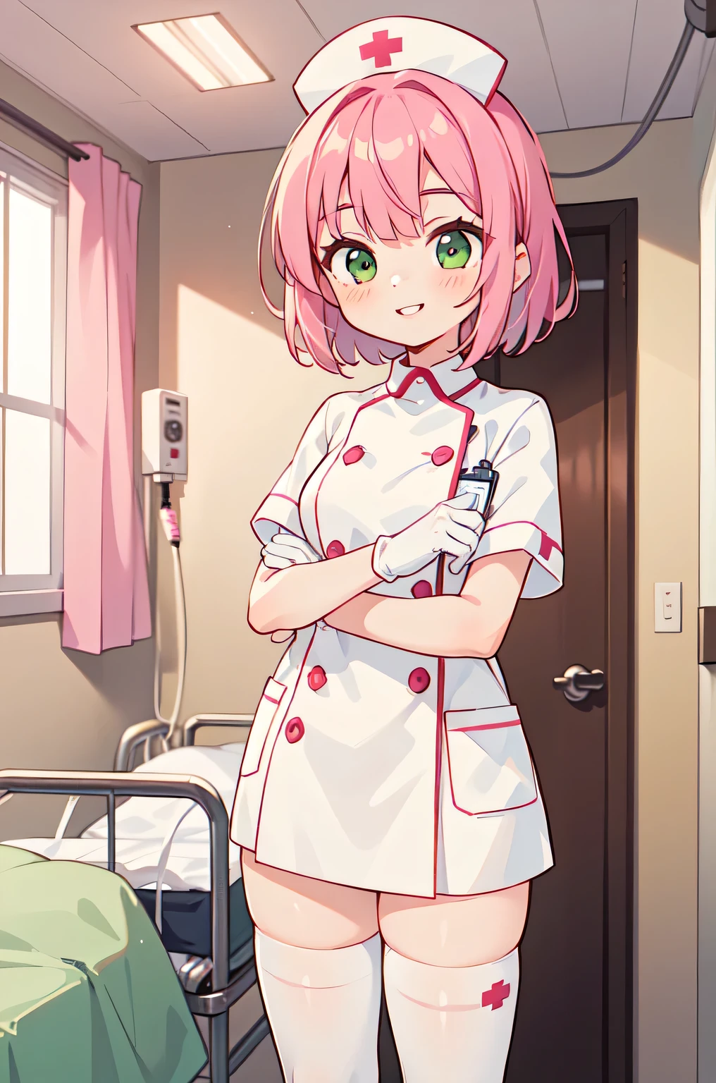 1woman, solo, nurse, white nurse cap, white nurse uniform, ((white legwear, zettai ryouiki)), white gloves, pink hair, green eyes, drooping eyes, pink lips, smile, standing, ((hospital room)), sharp outline, short sleeves, mature female, 32 years old, best quality, masterpiece
