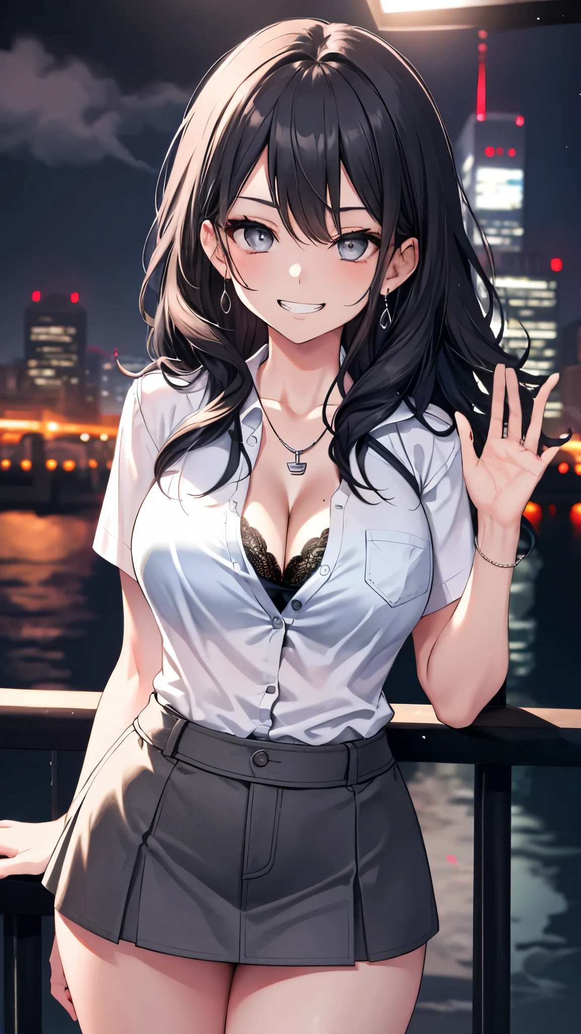 (8k、Best image quality、highest quality、masterpiece)、Detailed face、One girl、gyaru、Black Hair、Long Hair、Wavy Hair、Grey Eyes、evil smile、((Grin))、Large Breasts、((white shirt))、cleavage、Short sleeve、((miniskirt))、Cowboy Shot、((Night city background))