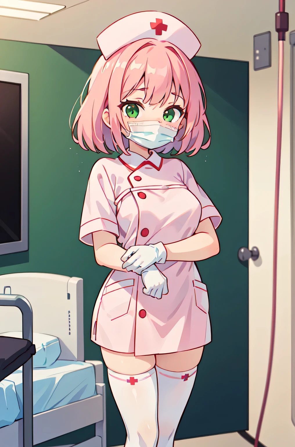 1woman, solo, nurse, white nurse cap, white nurse uniform, ((white legwear, zettai ryouiki)), white gloves, pink hair, green eyes, drooping eyes, ((white surgical mask, covered nose)), standing, ((hospital room)), sharp outline, short sleeves, mature female, 32 years old, best quality, masterpiece