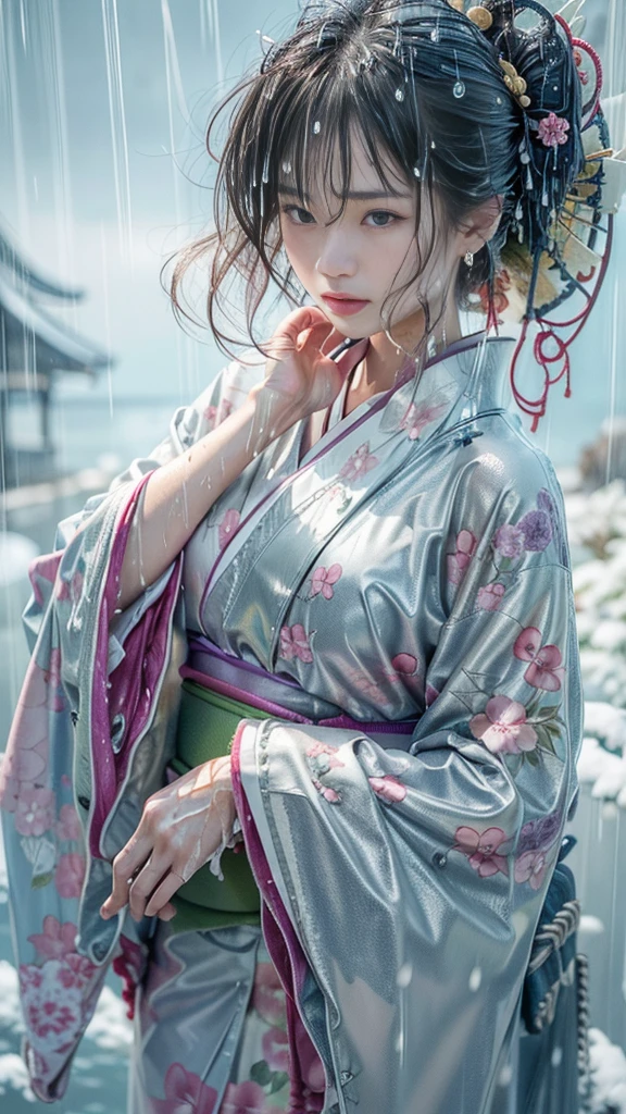 (RAW shooting:1.5, Photorealistic:1.5, 16k, highest quality, masterpiece, Ultra-high resolution), Perfect dynamic composition:1.3, (heavy snow, On a cliff on a precipitous cliff, Great background, Expressions of sadness:0.9), Highly detailed skin and facial textures:1.3, Wet slim woman:1.2, Random Shot, Fair skin:1.2, Mysterious portrait:1.1, Incredibly slim body:1.2, aesthetic:1.1, Very beautiful face:1.2, Water droplets on the skin, (Rain dripping down on my body:1.1, Wet body:1.1, Wet Hair:1.1), (Professional kimono dressing:1.1, With a wet bouquet:1.2, The correct way to wear a wet silver kimono:1.3), (Shapely breasts, Chest gap), (Beautiful erotic eyes:0.8, Beautiful, erotic lips:0.8), (Too erotic:0.9, Fascinating:0.9), necklace, Earrings, bracelet