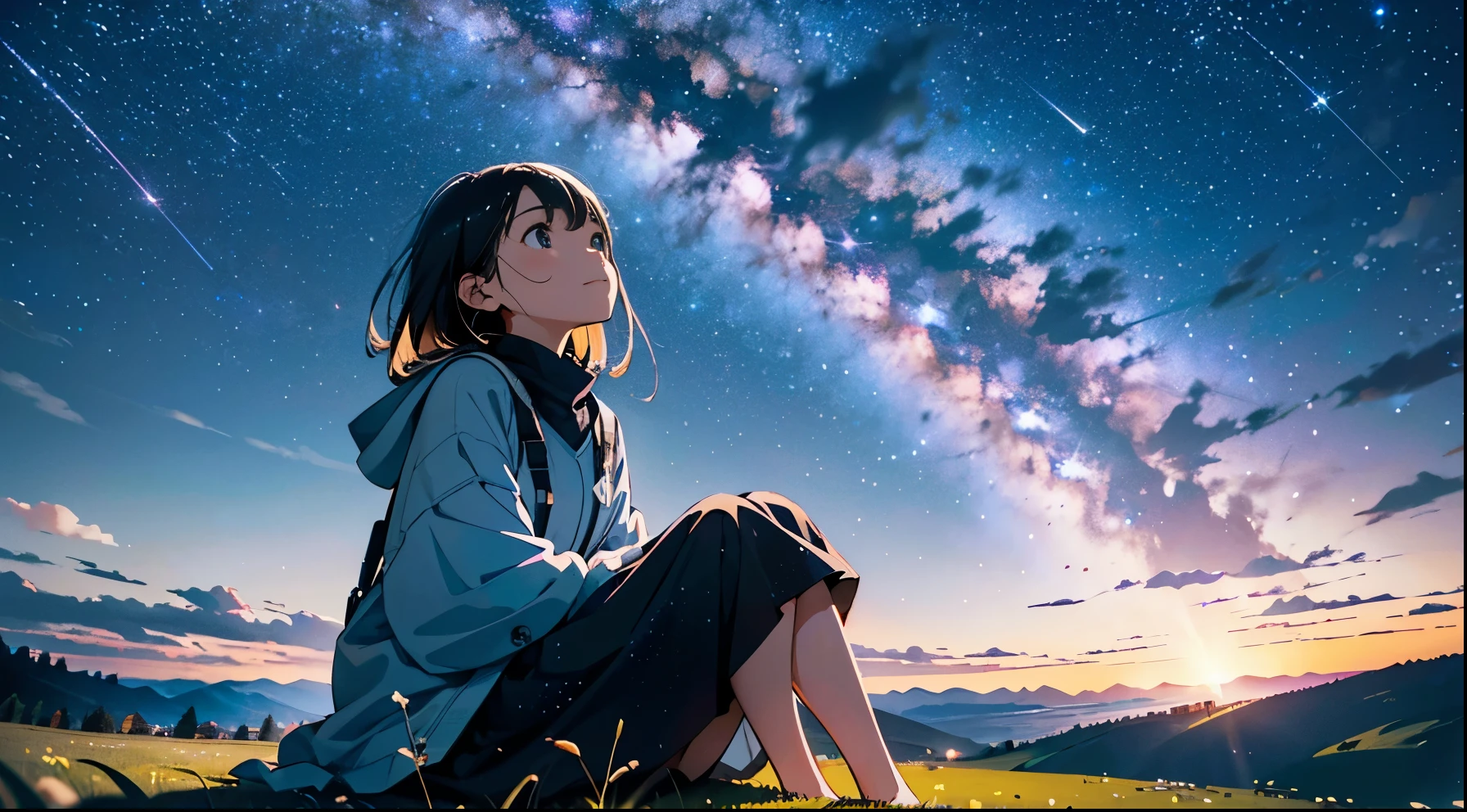 ((Detailed depiction of the face)),rounded corners, UHD, retina, high details, best quality, highres, 4K,n a night meadow, a young girl sits on the ground, placing her hands on the earth and looking up. The sky above is filled with a vast expanse of stars, and a meteor shower paints streaks of light across the celestial canvas. Countless shooting stars traverse the heavens as the girl gazes in awe. Surrounding her, darkness embraces the landscape, amplifying the brilliance of the stars. In this tranquil setting, the girl feels a profound sense of joy and wonder, as if she is connecting with the miracles of the universe. The quiet meadow imbues her with peacefulness and a touch of enchantment, while the radiance of the night sky envelops her soul.