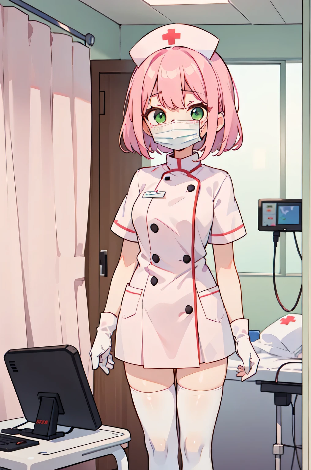 1woman, solo, nurse, white nurse cap, white nurse uniform, ((white legwear, zettai ryouiki)), white gloves, pink hair, green eyes, drooping eyes, ((white surgical mask, covered nose)), standing, ((hospital room)), sharp outline, short sleeves, mature female, 32 years old, best quality, masterpiece
