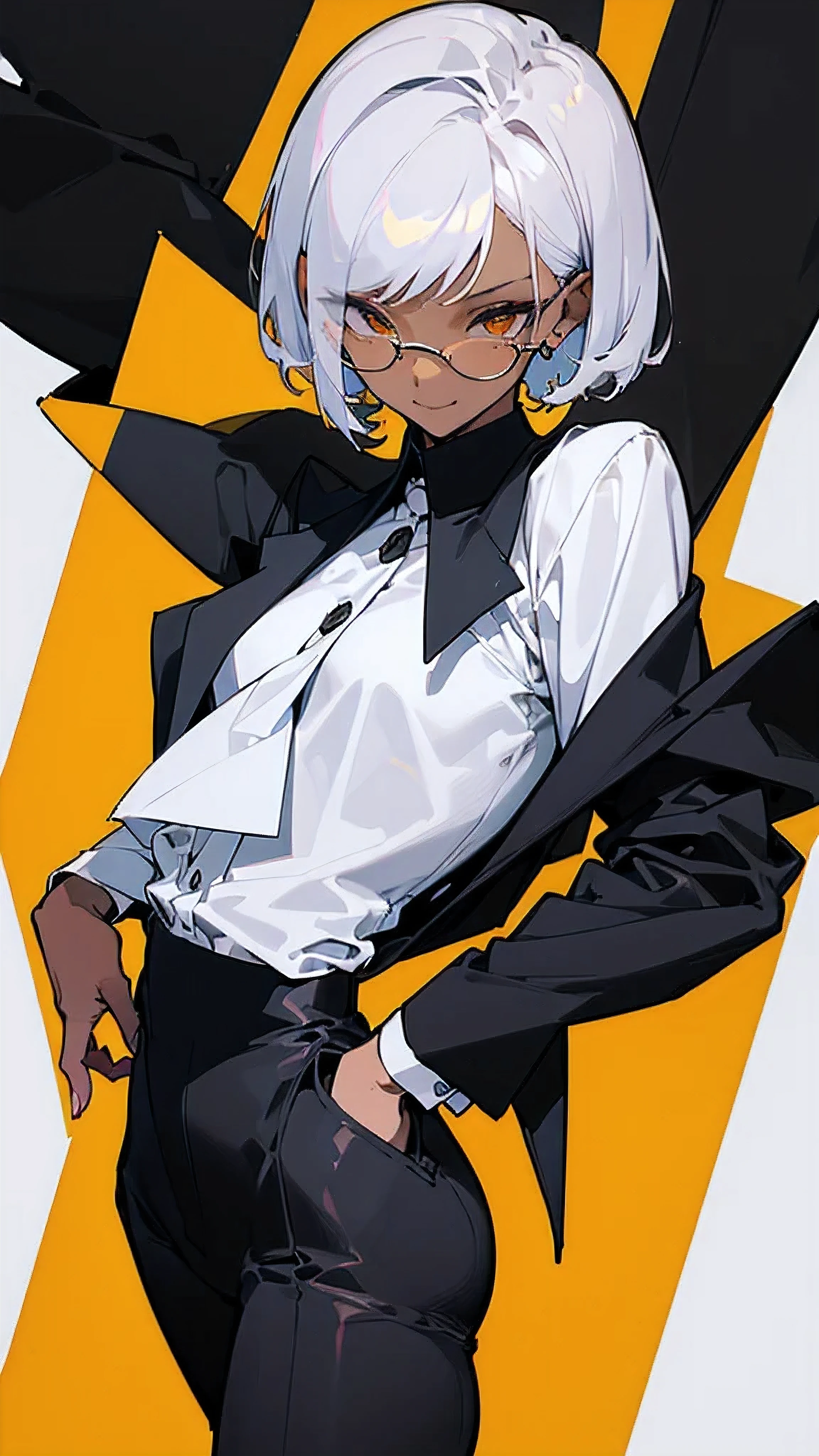 (highest quality、masterpiece:1.2) 1 Female、adult、((Dark skinned women、long white short hair、Hair over the ears)) Golden Eyes、Glasses、((Black business suit、Black tailored jacket、White shirt、Black pantsuit)) (Office Background) (Malicious smile) sharp eye