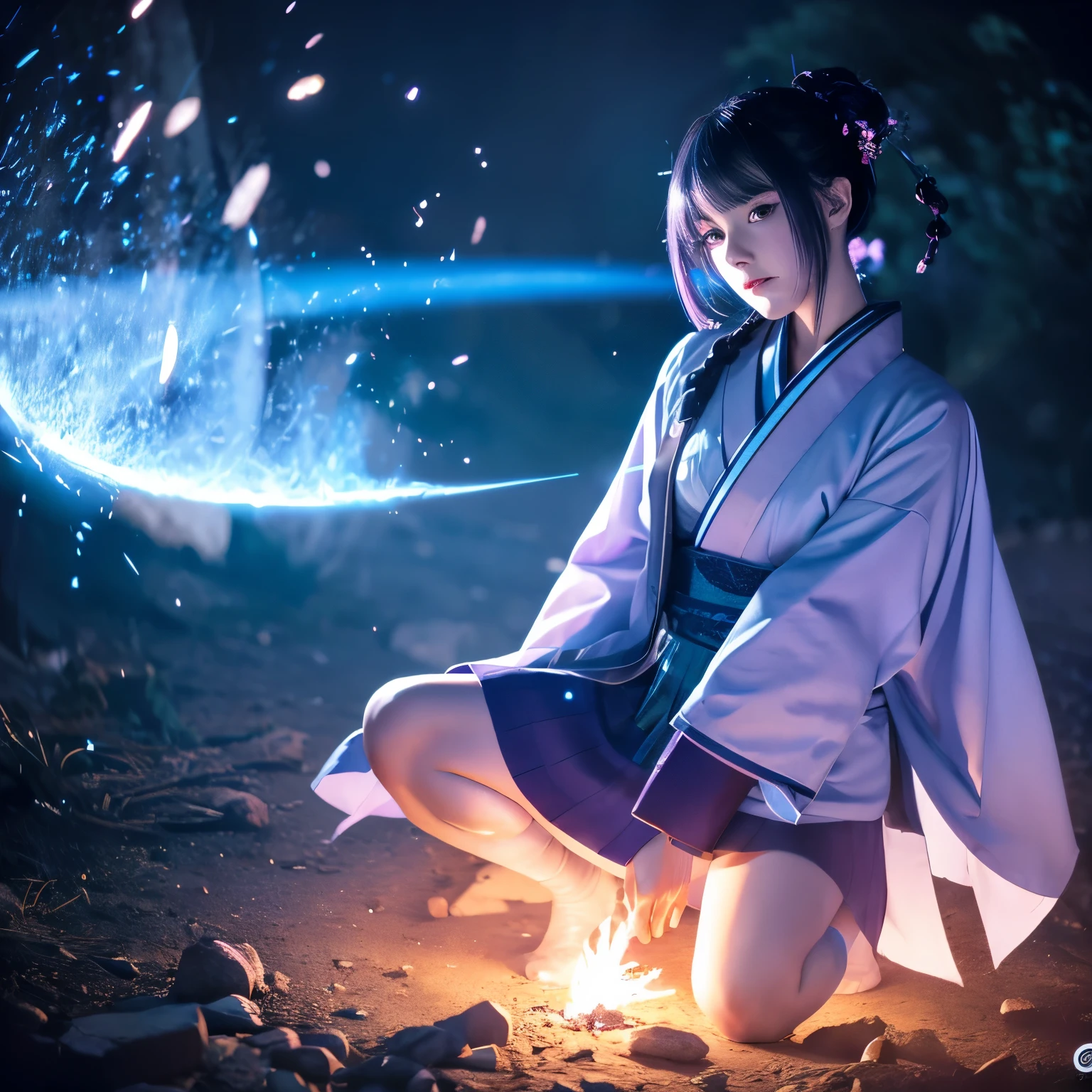 One girl, kimono, ponytail ,Gray Hair, Purple eyes, magic circle, Blue Fire, Blue Flame, wallpaper, landscape, Blood, Blood splatter, Depth of written boundary, night, Particles of light, light, Side light, Thighs, destiny \(series\), Genshin Impact, ****, Open jacket, skirt, Knee socks, cloud、Upper body naked
