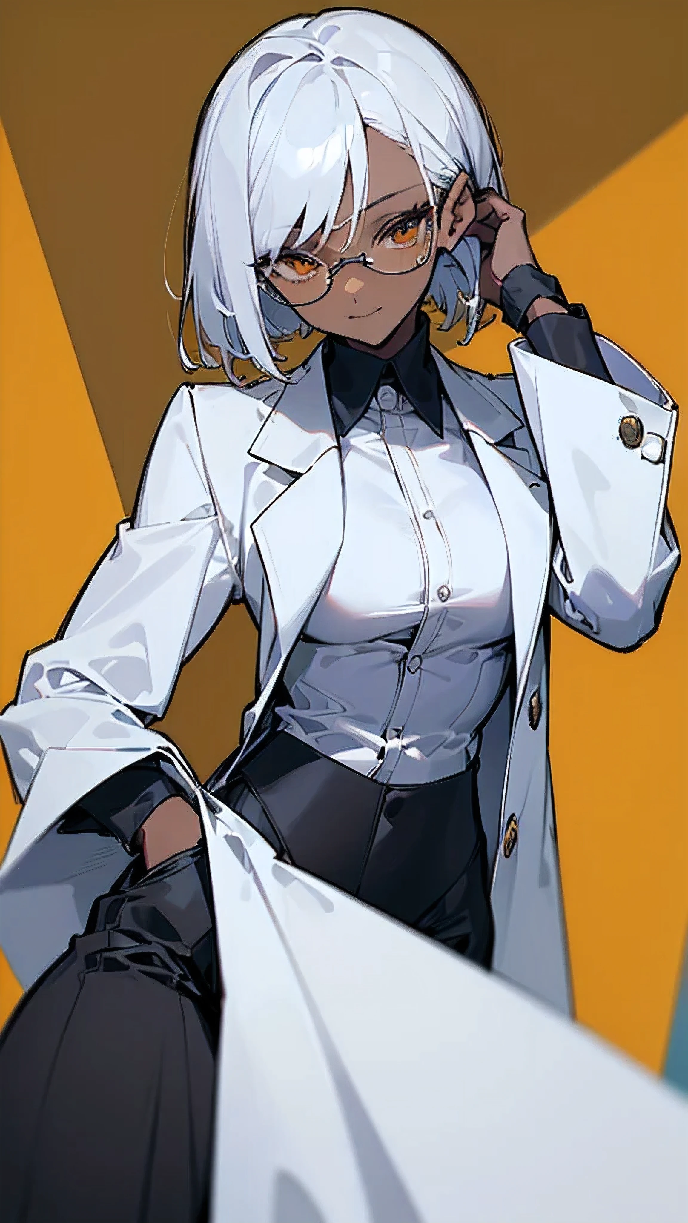 (highest quality、masterpiece:1.2) 1 Female、adult、((Dark skinned women、long white short hair、Hair over the ears)) Golden Eyes、Glasses、((Black business suit、Black tailored jacket、White shirt、Black pantsuit)) (Office Background) (Malicious smile) sharp eye