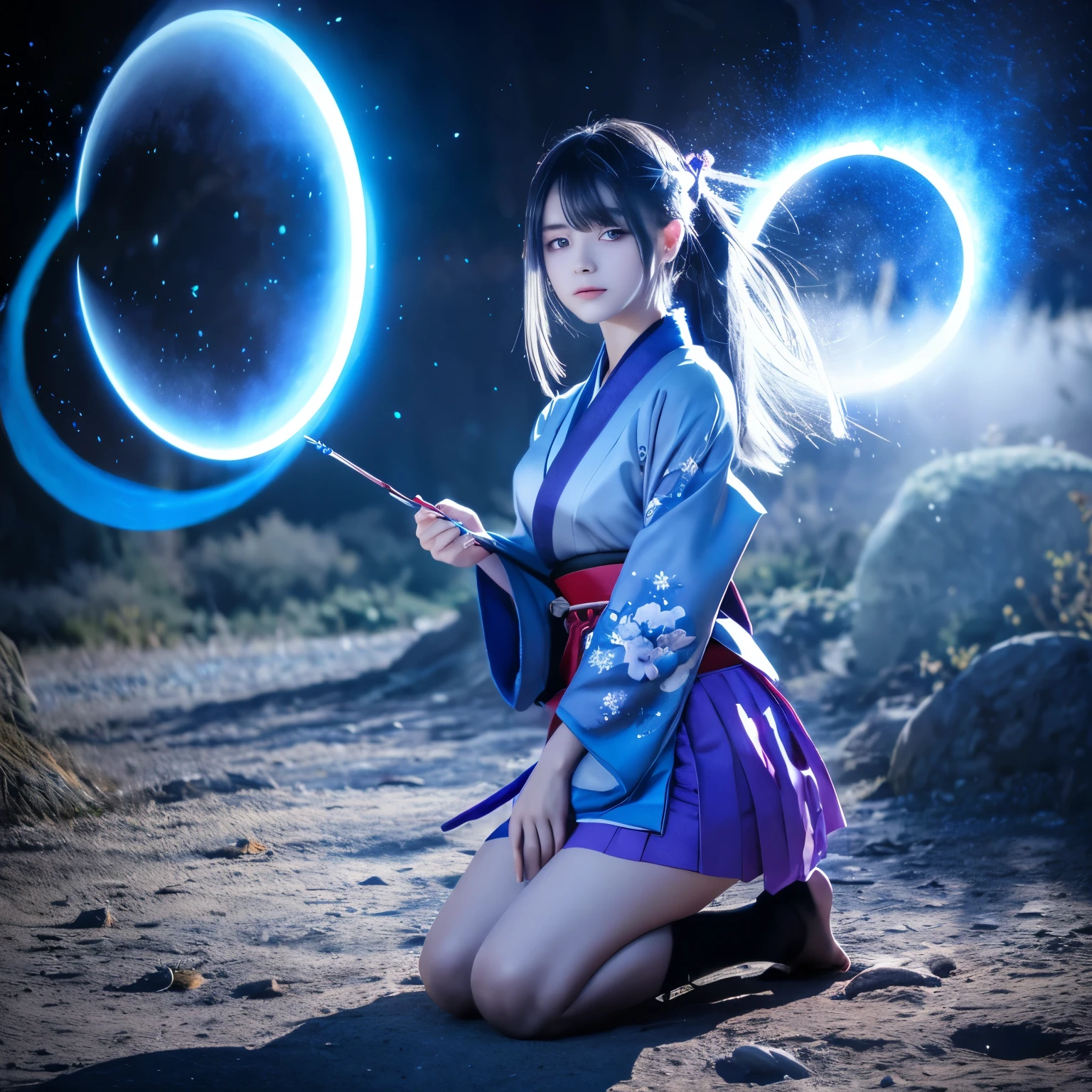 One girl, kimono, ponytail ,Gray Hair, Purple eyes, magic circle, Blue Fire, Blue Flame, wallpaper, landscape, Blood, Blood splatter, Depth of written boundary, night, Particles of light, light, Side light, Thighs, destiny \(series\), Genshin Impact, ****, Open jacket, skirt, Knee socks, cloud、Upper body naked