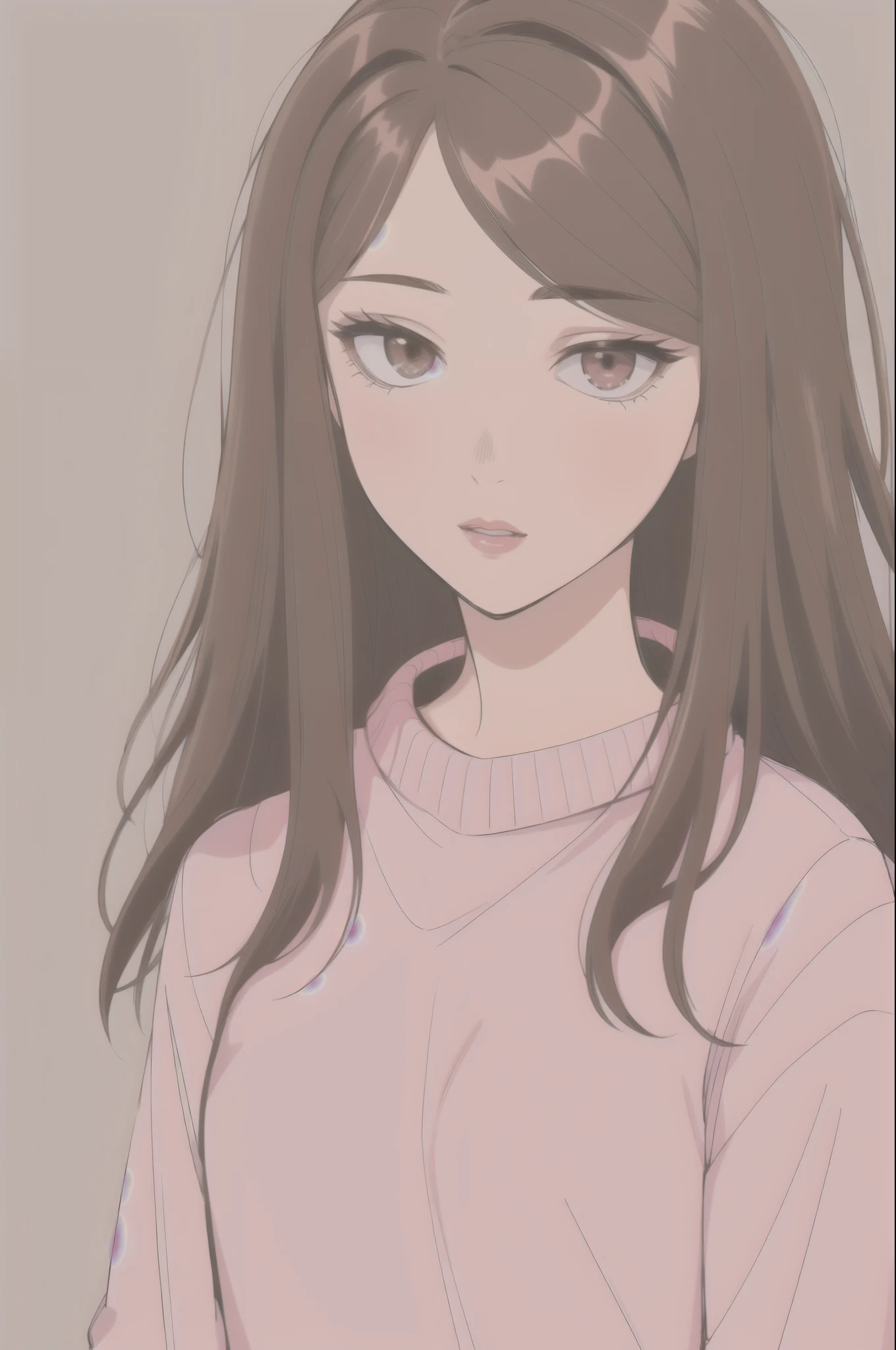 Girl, long soft brown hair, sharp gray eyes, sharp features, white skin, pink lips, sweater