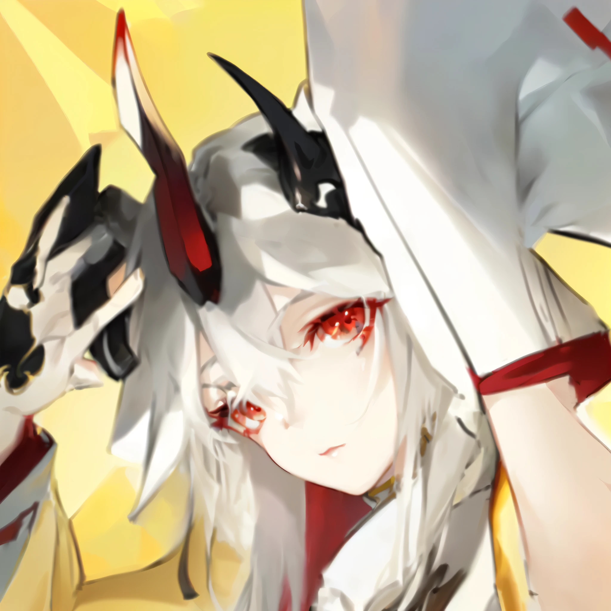 (best quality,ultra-detailed,highres:1.2),realistic,demon with horns,demon girl:1.1,white hair woman with demon horns,beautiful detailed eyes,anime style,goddess of anime,Onmyoji,hand on head,red eyes