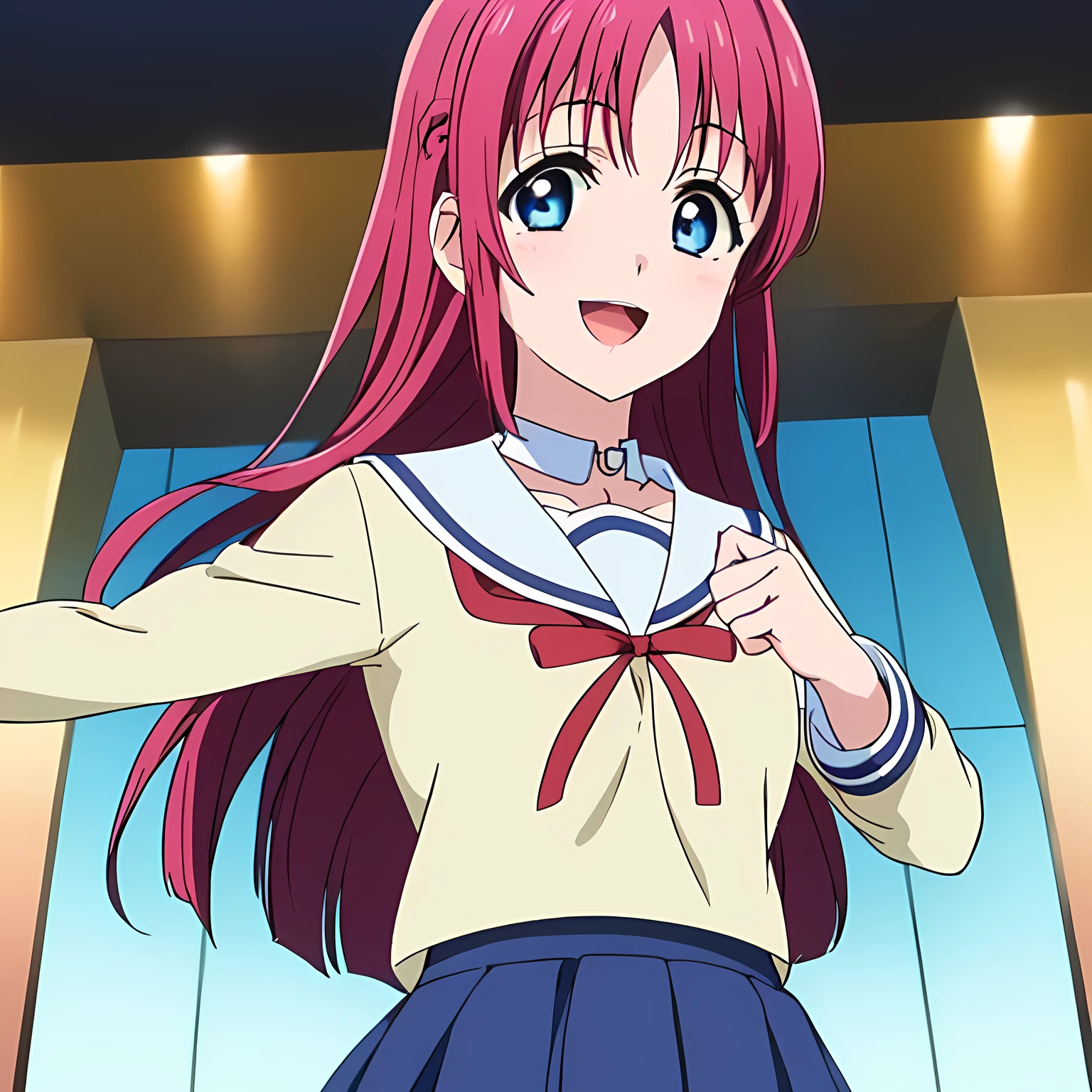 highest quality, (masterpiece:1.2), Very detailed, Game CG, ((((Very beautiful school uniform1Close-up shot of a girl)))), ((The girl everyone loves)), (((Very beautiful pink hair))), (((the collar is white,、Blue streaked、Yellow sailor suit))), ((Dark navy blue checked long skirt)), ((((Very beautiful and shining eyes)))), ((Very long eyelashes)), A big red ribbon on the chest, ((An elegant expression like a noble princess)), (((Beautiful and great smile))), Small face and great posture, ((Give the viewer a heavenly feeling of happiness)), (((Blur the background))), ((Very intelligent face)), ((Anime heroine smiling and open mouth)), ((I really want to kiss you))