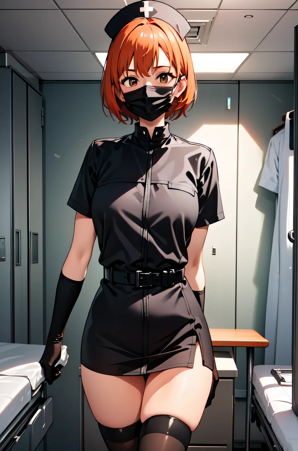 black nurse, 1girl, solo, black nurse cap, black nurse uniform, ((black legwear, zettai ryouiki)), black elbow gloves, very short hair, orange hair, ((black surgical mask, covered nose)), standing, ((surgery room)), sharp outline, short sleeves, tomboy, boyish, best quality, masterpiece