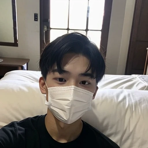Handsome10A boy about 18 years old has an infectious disease and looks sick, is wearing a white mask, has a high fever, is sleeping, and is coughing