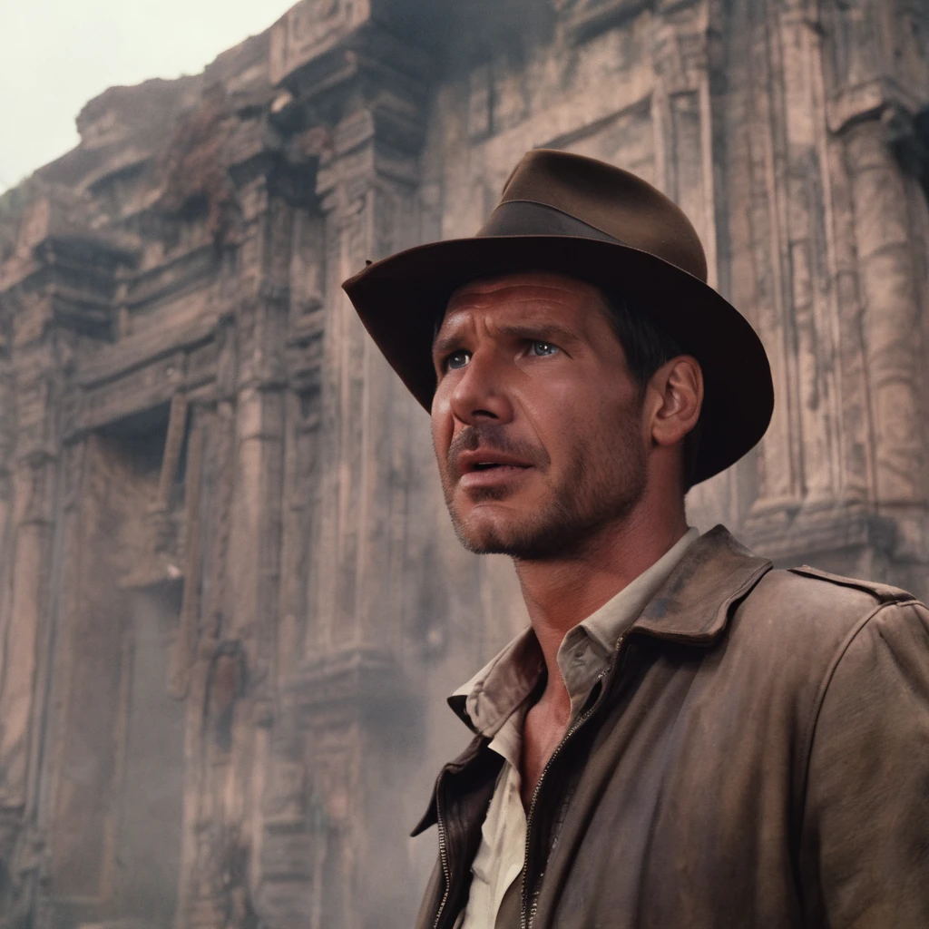 Indianajones Person surprised inside a temple. old temple surrounding  background, Sideshow, eerie moody, iconic hat, film grain movie scene.