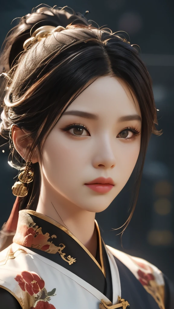 Game Art,Best image quality,Maximum resolution,8K,(A half-length photo),(portrait),(Head close-up),(Rule of Thirds),Unreal Engine 5 rendering works, (Future girl),(Female Warrior),
20 year old girl,(Chinese General),Eyes full of details,(Large Breasts),Elegant and noble,indifferent,brave,
(Wear Chinese clothes,Chinese Hanfu,Tang dynasty costumes,The costumes are rich in detail,Simple tones),Chinese characters,Fantasy style,
Photo poses,Wild background,Light,Light线追踪,Game CG,((3D Unreal Engine)),OC rendering reflection mode
