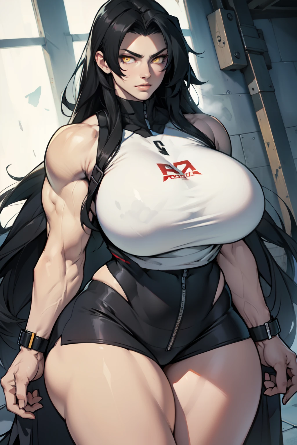 huge breasts huge thighs huge muscles black hair very long hair pale skin yellow eyes