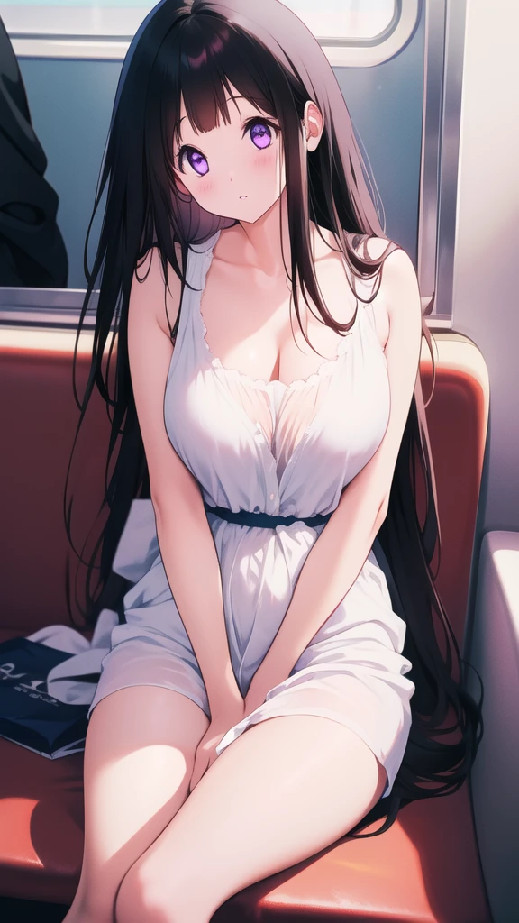 Amazing Chitanda, There is only one beautiful girl,Purple Eyes, Black Hair, Very red face,Very white skin,Glowing skin,Skin as delicate as porcelain,Naturally straight hair, Straight bangs,Extremely refined,Open lips,Long flowing hair,Beautiful Girl, Like a dream,Slim,Slim waist,Soft, (Sensual), (Kawaii), Dream quality,Beautiful big breasts,Half of the areola is exposed,Wearing dark school uniform,Deep V neckline,Loose neckline,Wide neckline,On the train,Carrying a shopping bag,no pants,Bare shoulders,Bare neck,Exposed collarbone,Exposing breasts,Exposing breasts侧面,Show your waist,Show your buttocks,Show your thighs,Exposing the groin,No pants,extremely shy,Ultra-high resolution, (masterpiece:1.2, best quality), (Delicate and beautiful eyes: 1.2), (Beautiful and delicate face)