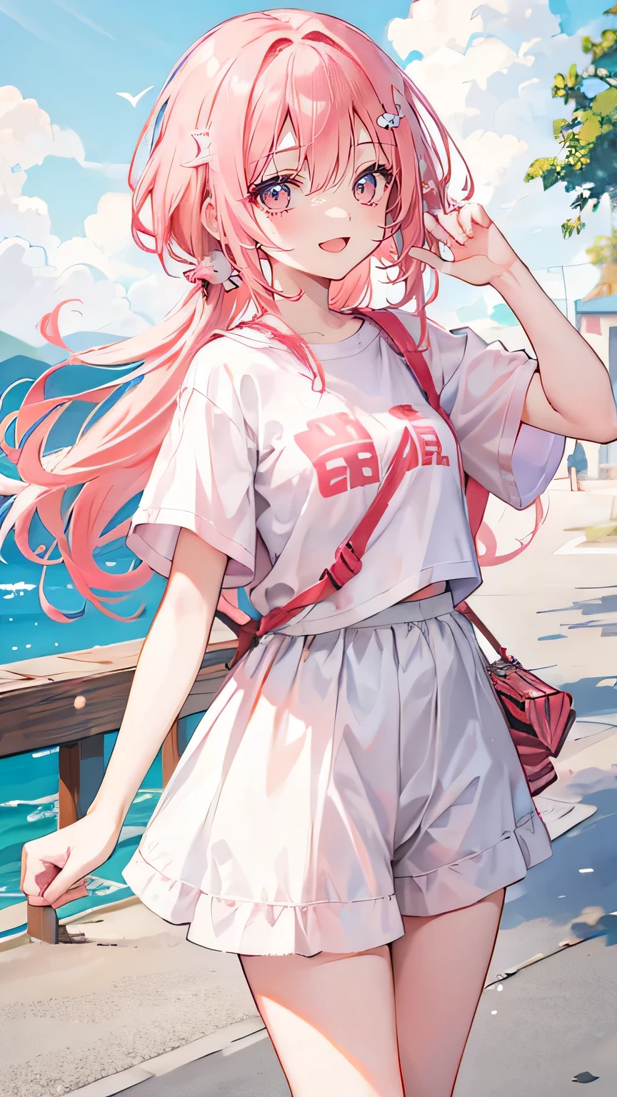 Coral pink hair,Long hair,hair over one eye,Gray eyes,feather hair ornament,cute,Girl,Laughing expression,,Happy and happy expression,White short sleeve,shorts,Suspended in the sky,whole body,Don't show your arms,The background is the atmosphere