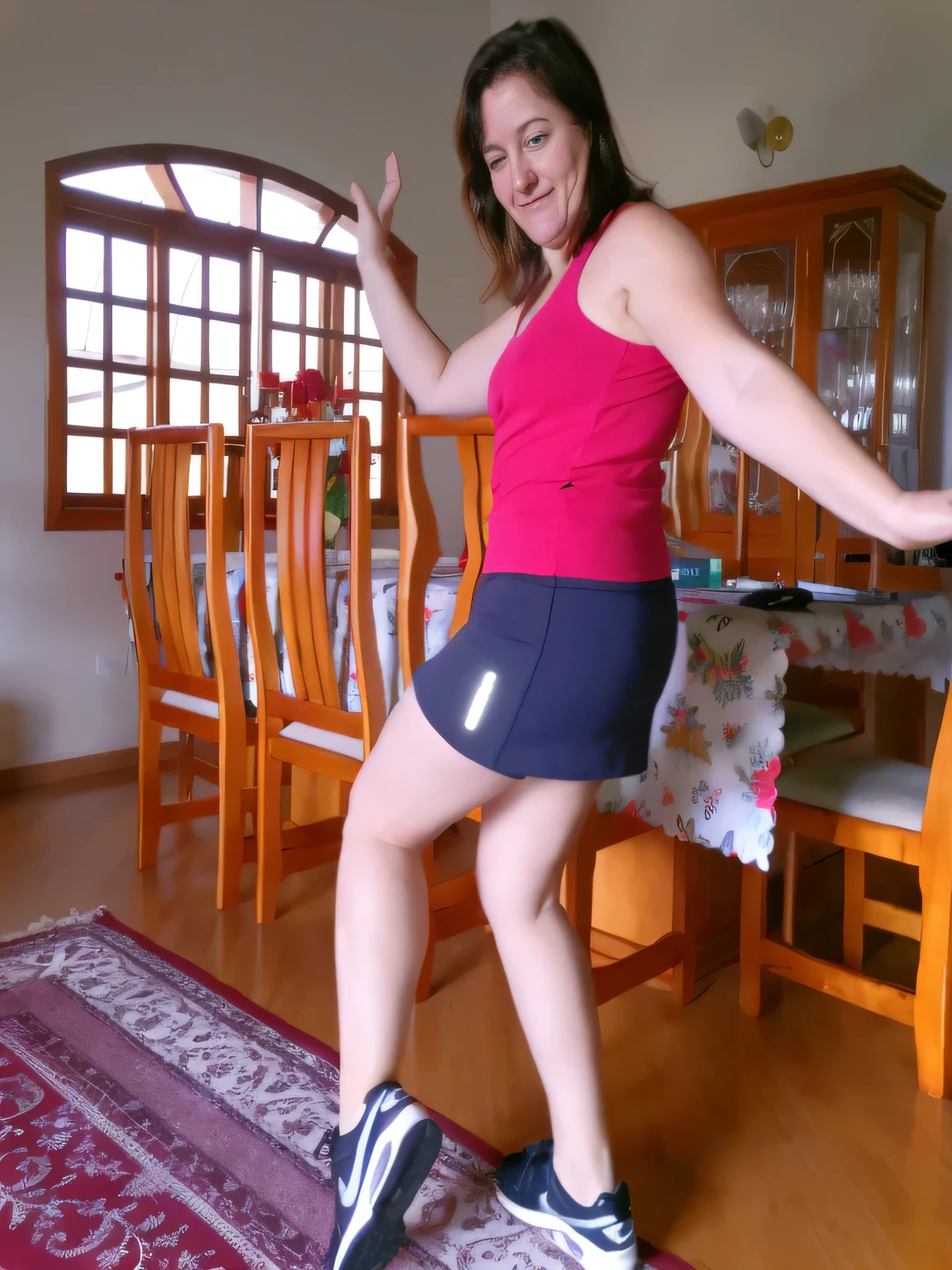 woman in a pink tank top and black shorts doing a trick on a skateboard, mini-skirt, latina, doing a sassy pose, lunging at camera :4, sassy pose, she is dancing, posing!!, miniskirt, frantic dancing pose, fun pose, liana, in shorts, indoor shot, cottagecore!! fitness body, side shot