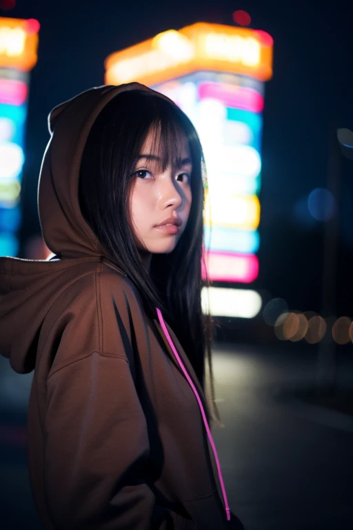 candid, girl, facing backward pose, wearing a hoodie, night background, long hair, 20 years old girl, real picture, hd, 4k, face not visible 