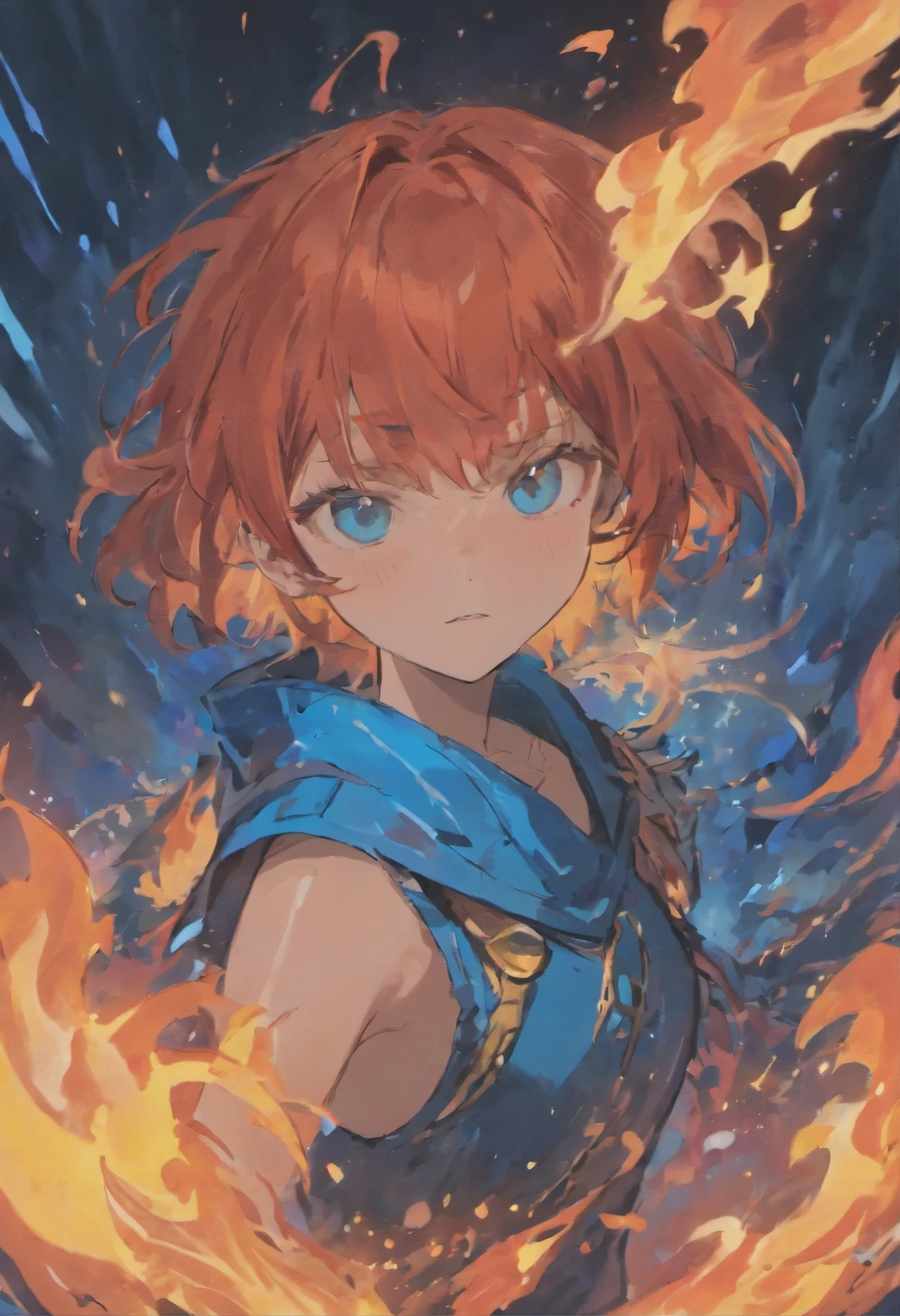 (girl:1.1), (short fiery red hair), (blue eyes), (sharp canines), (Surrounded by blue flames), (Staring at the observer), (Serious and expressionless), (Night Sky), (8k)