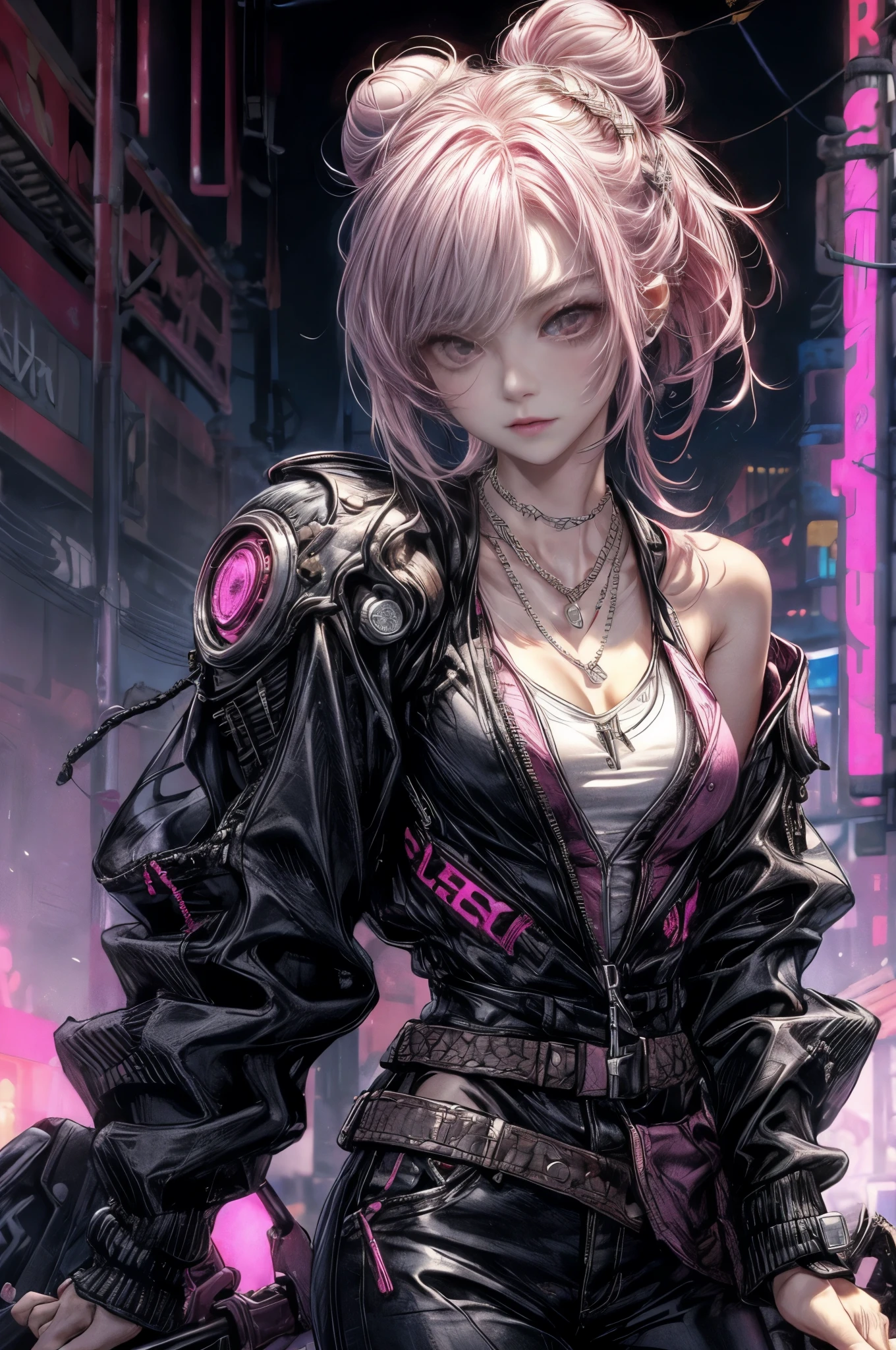 Cinema Lighting、highest quality,Cyberpunk World、1 female、(Beautiful 20 year old woman、Beautiful facial details 、Bun Hair、Shoulder-length hair、part、Dark Eyes:1.4)break,Medium Hair、(Clever ways to laugh:1.2)(vivid shiny pink hair color:1.6)
break
(Flashy cyberpunk style black workwear:1.3), (Ron inT、Silver Necklace:1.3)、break.(Only light pink hair)(Black industrial workwear)BREAK
(Resort beach cafe、Daytime:1.2)break(Portrait Angle)