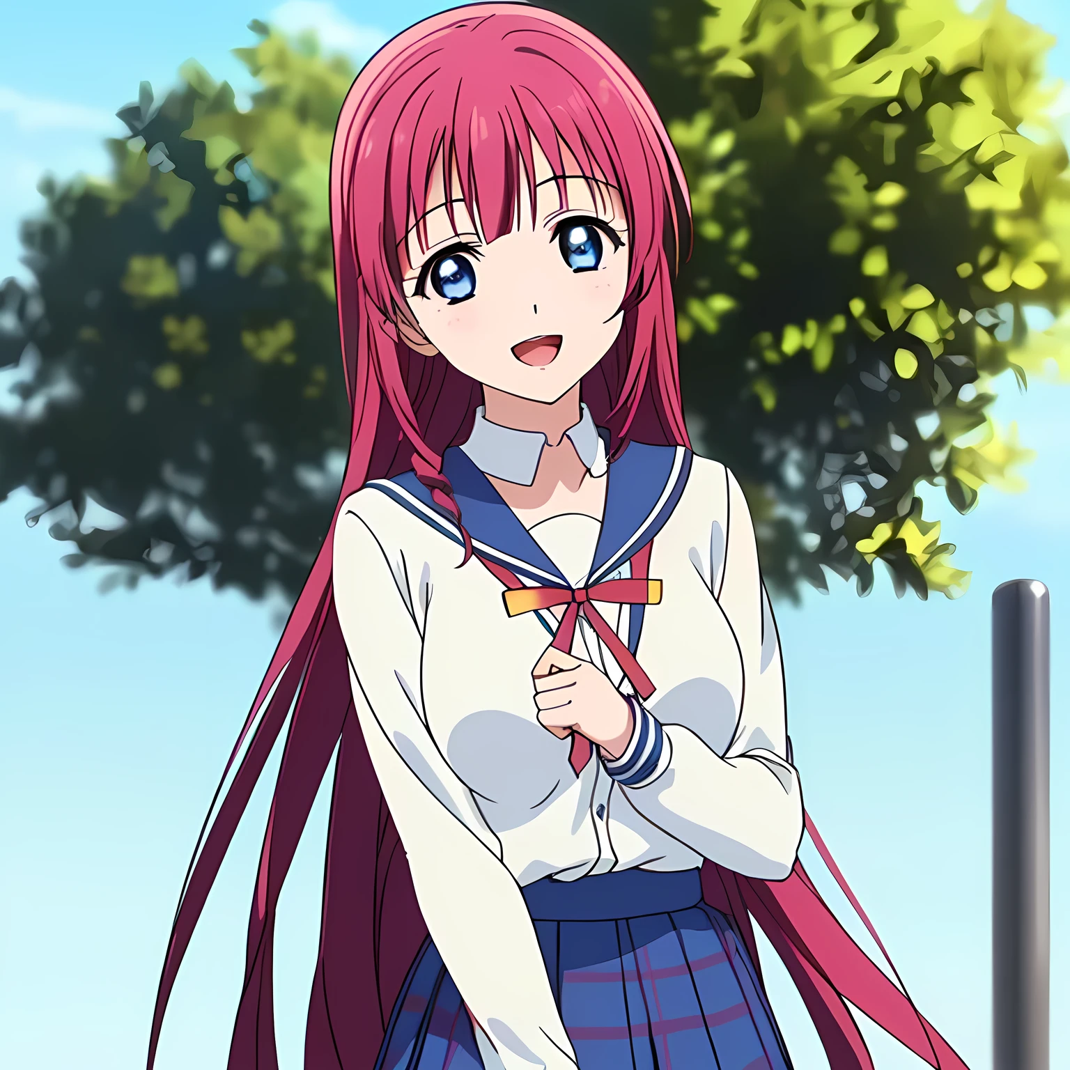 highest quality, (masterpiece:1.2), Very detailed, Game CG, ((((Very beautiful school uniform1Close-up shot of a girl)))), ((The girl everyone loves)), (((Very beautiful pink hair))), (((the collar is white,、Blue streaked、Yellow sailor suit))), ((Dark navy blue checked long skirt)), ((((Very beautiful and shining eyes)))), ((Very long eyelashes)), A big red ribbon on the chest, ((An elegant expression like a noble princess)), (((Beautiful and great smile))), Small face and great posture, ((Give the viewer a heavenly feeling of happiness)), (((Blur the background))), ((Very intelligent face)), ((Anime heroine smiling and open mouth)), ((Shapely breasts))