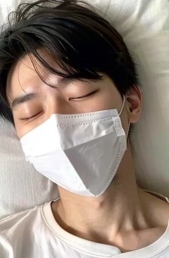 A handsome boy with an infectious disease who looks like he is suffering from a disease, wearing a white mask, having a high fever, sleeping, coughing