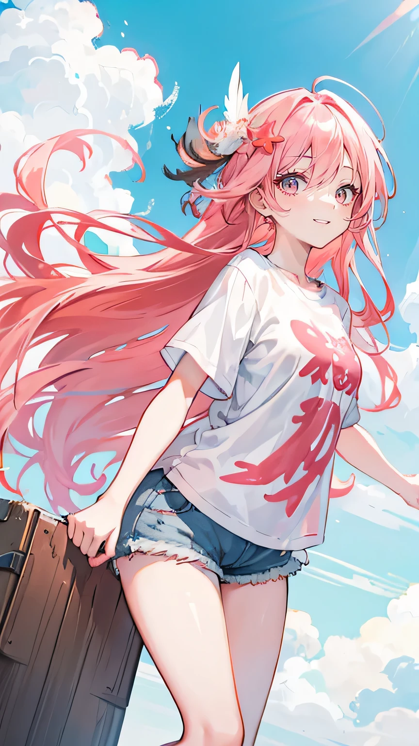 Coral pink hair,Long hair,hair over one eye,Gray eyes,feather hair ornament,cute,Girl,Laughing expression,,Happy and happy expression,White short sleeve,shorts,Suspended in the sky,whole body,Don't show your arms,The background is the atmosphere