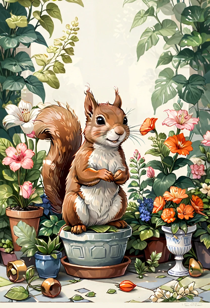 Squirrel,traditional media, faux traditional media, animal focus,looking at viewer, flower, no humans, animal, leaf, plant, animal focus, gardens, potted plants, flowers, (masterpiece, best quality, Professional, perfect composition, very aesthetic, absurdres, ultra-detailed, intricate details:1.3)