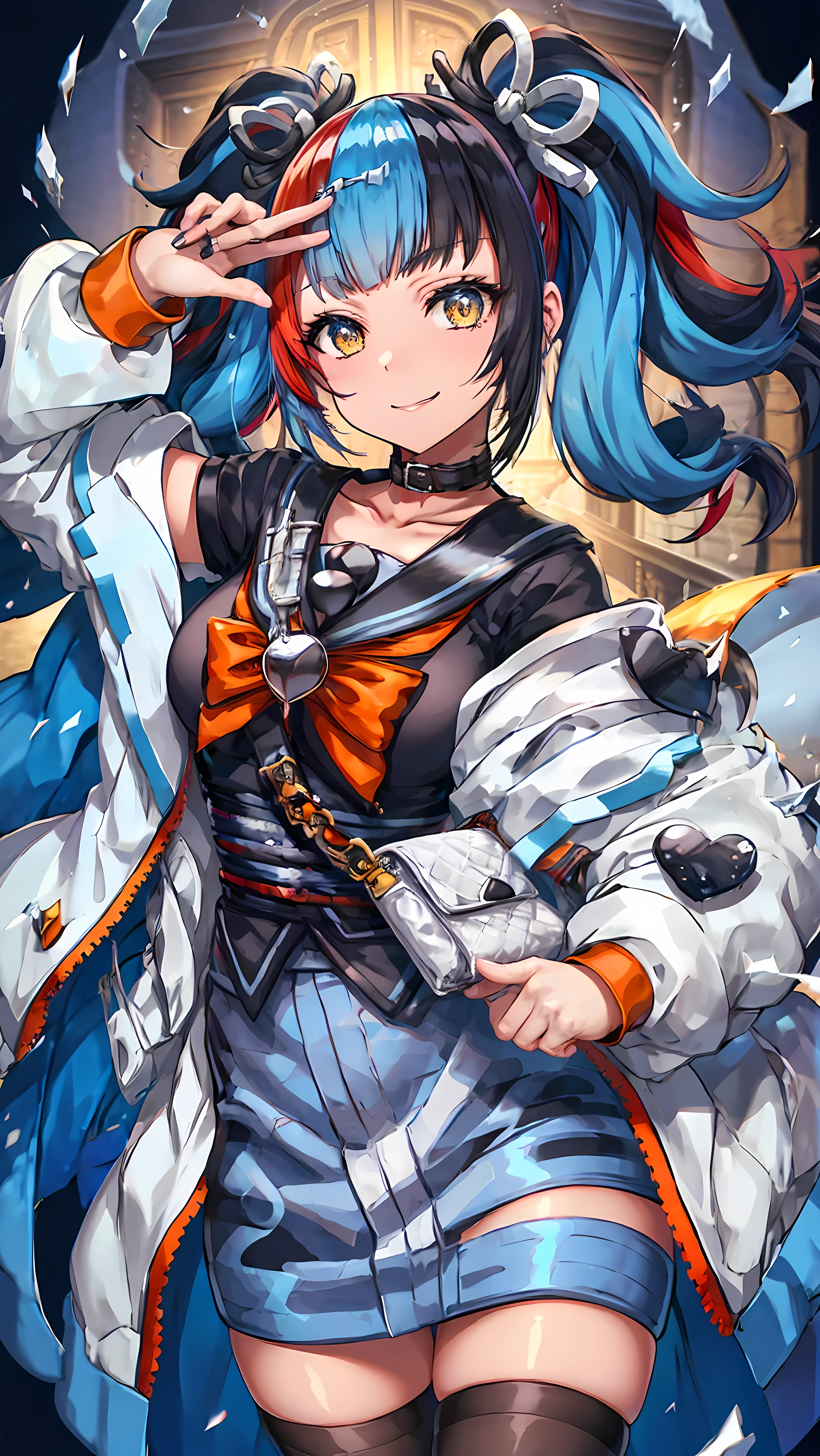 Seishonagon, One girl, alone, Yellow Eyes, Twin tails, alone, Blue Hair, multicoloRedhead, Black Hair, Redhead, Jacket, collar, serafuku, sailor collar, bow tie, Red Bow, heart, Black socks, Knee socks, Red footwear, Manicure,, ((masterpiece,highest quality)), Super detailed, Shine, Shine, Ray Tracing, (Perfect Face, Detailed face, Fine grain, Perfect hands, Perfect Fingers:1.5), hd, Super cute face, highest quality, Super detailed, Shine eyes highest quality realistic illustration）,（Super fine）,（Cute illustrations：1.3）,（High chroma：1.5）,Beautiful detailed face and eyes,Highly detailed background,Dynamic lighting,（Very delicate and beautiful）,（Nice hands） ,Perfect hands:1.4),(Proper Posture),(Proper Configuration),Ideal body proportions, Highly detailed illustration, Super cute and beautiful, highest quality,, looking at viewer, (Cowboy Shot:1.5), smile,Composition from below, Thigh focus, sexy,, Sit down and smile, Outdoor, sunny
