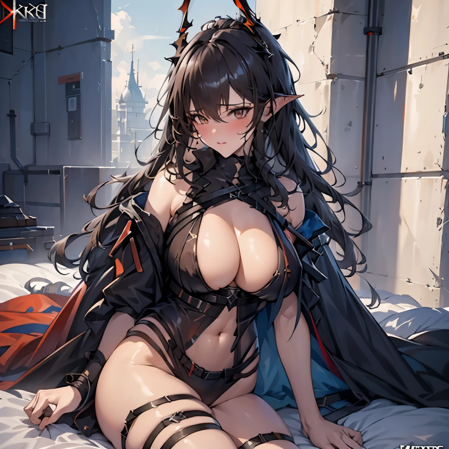 (masterpiece, best quality:1.2), Sexy woman, solitary， Sexy eyes，Center Opening Front Zipper Swimsuit，Wet pink sexy plump lips，on the bed（8k），logos mother (arknights，logos mother (arknights，logos mother (arknights