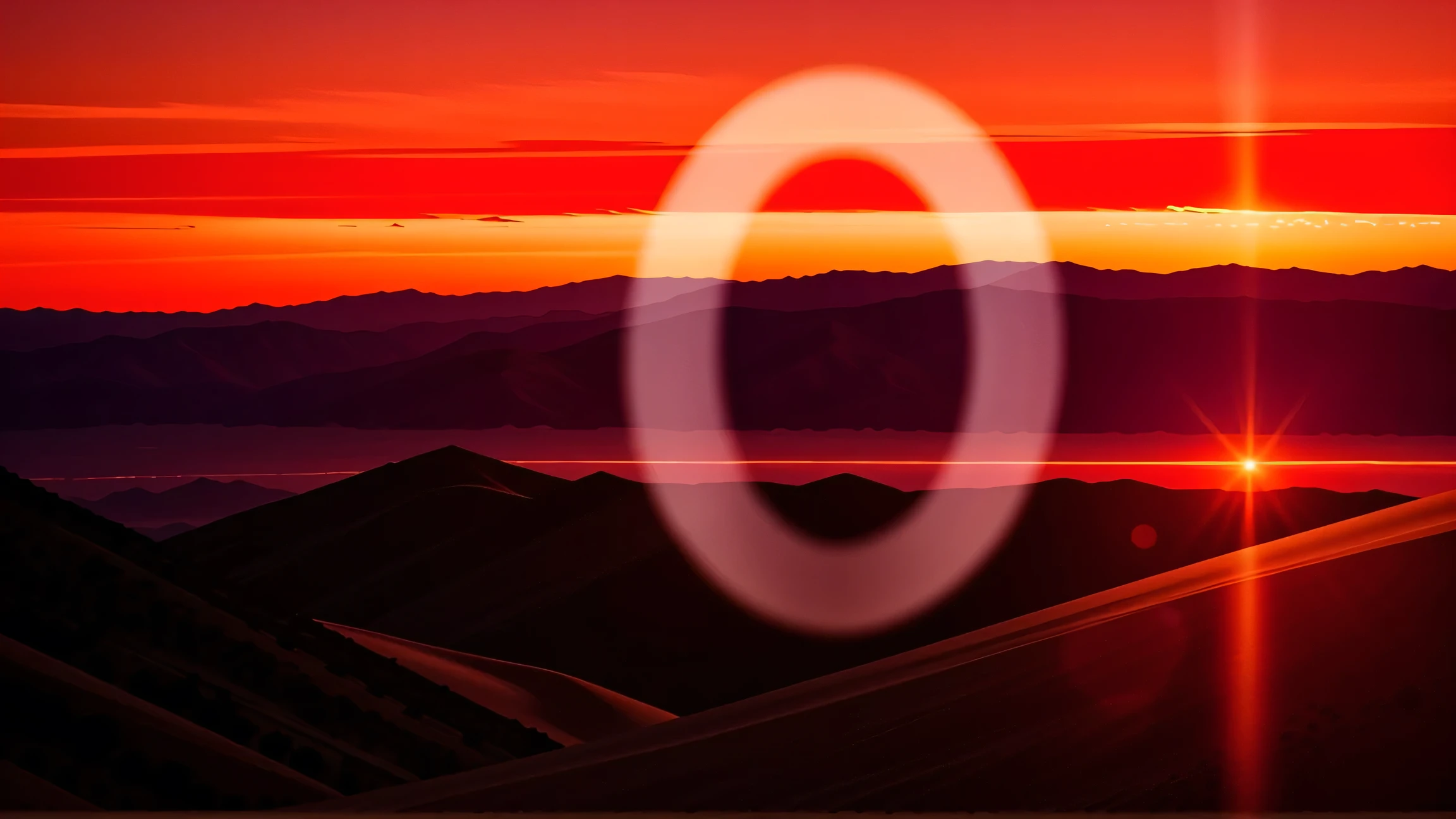 sunset over a desert, with a colorful sky and mountains in the background, trees, scenery, outdoors, mountain, sky, sun, sunset, nature, mountainous_horizon, orange_sky