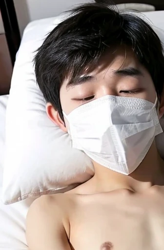 A handsome boy with an infectious disease who looks like he is suffering from a disease, wearing a white mask, having a high fever, sleeping, coughing