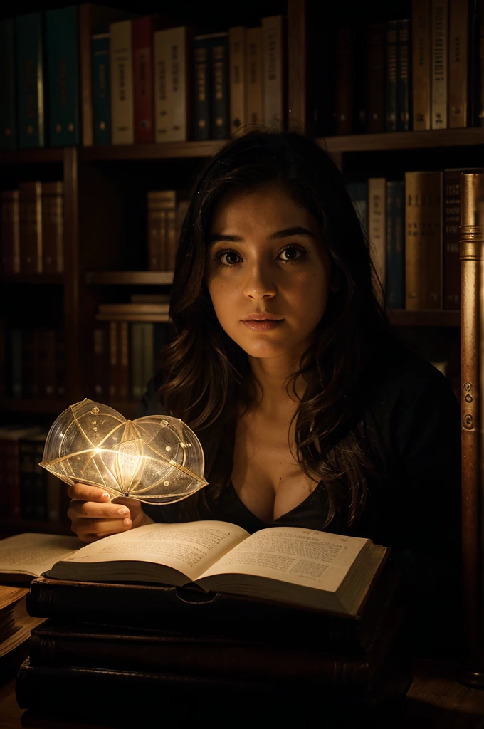 Una imagen de la biblioteca en la oscuridad, con solo la linterna de Clara iluminando una figura oscura y siniestra en la distancia.