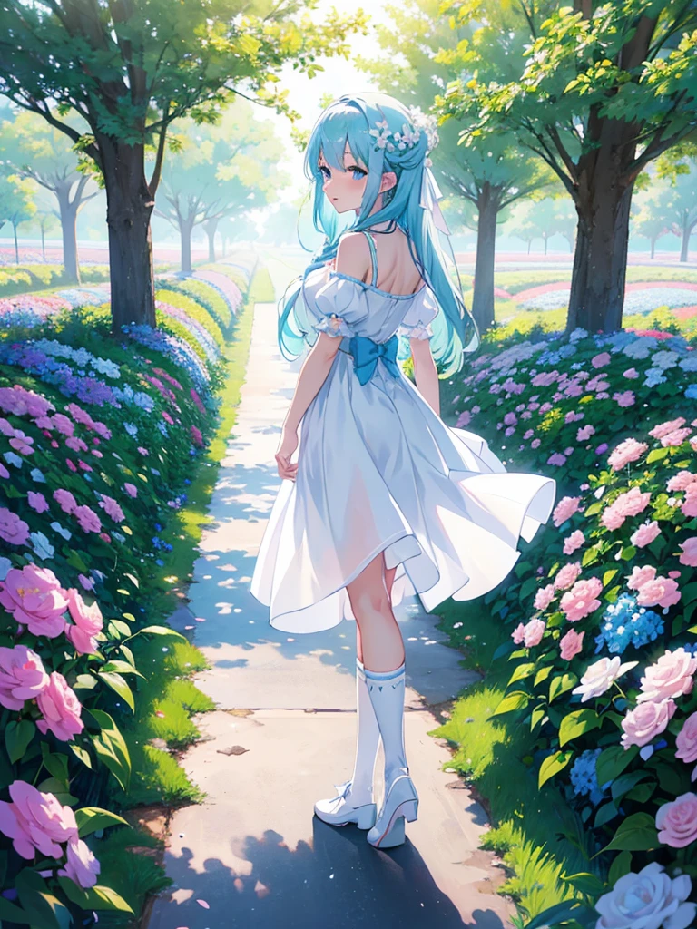 anime girl with light blue hair and white dress standing in a field of flowers, trending on artstation pixiv, digital art on pixiv, anime art wallpaper 8 k, guweiz on pixiv artstation, anime art wallpaper 4 k, anime art wallpaper 4k, top rated on pixiv, beautiful anime artwork, pixiv contest winner，(white long socks)